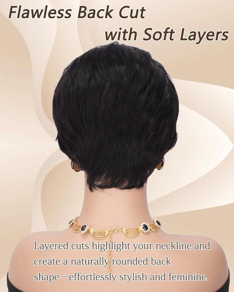 Pixie Cut Wig - Human Hair Short Wig with Bangs for Black Women | Natural Black Glueless Layered Style