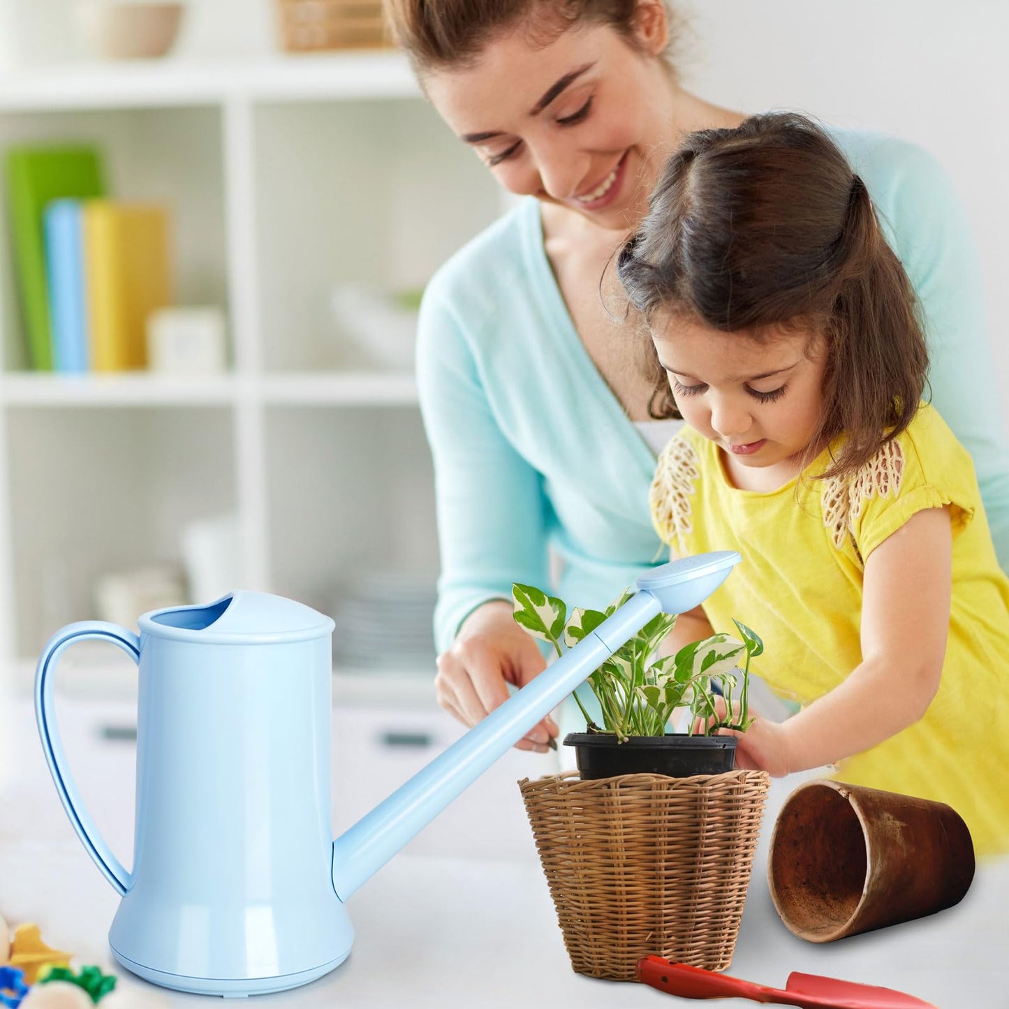 XXXFLOWER 1/2 Gallon Small Indoor Plant Watering Can, 2L Long Spout Removable Nozzle Flower Watering Pot for Office House Indoor Garden（Blue, 67 oz）