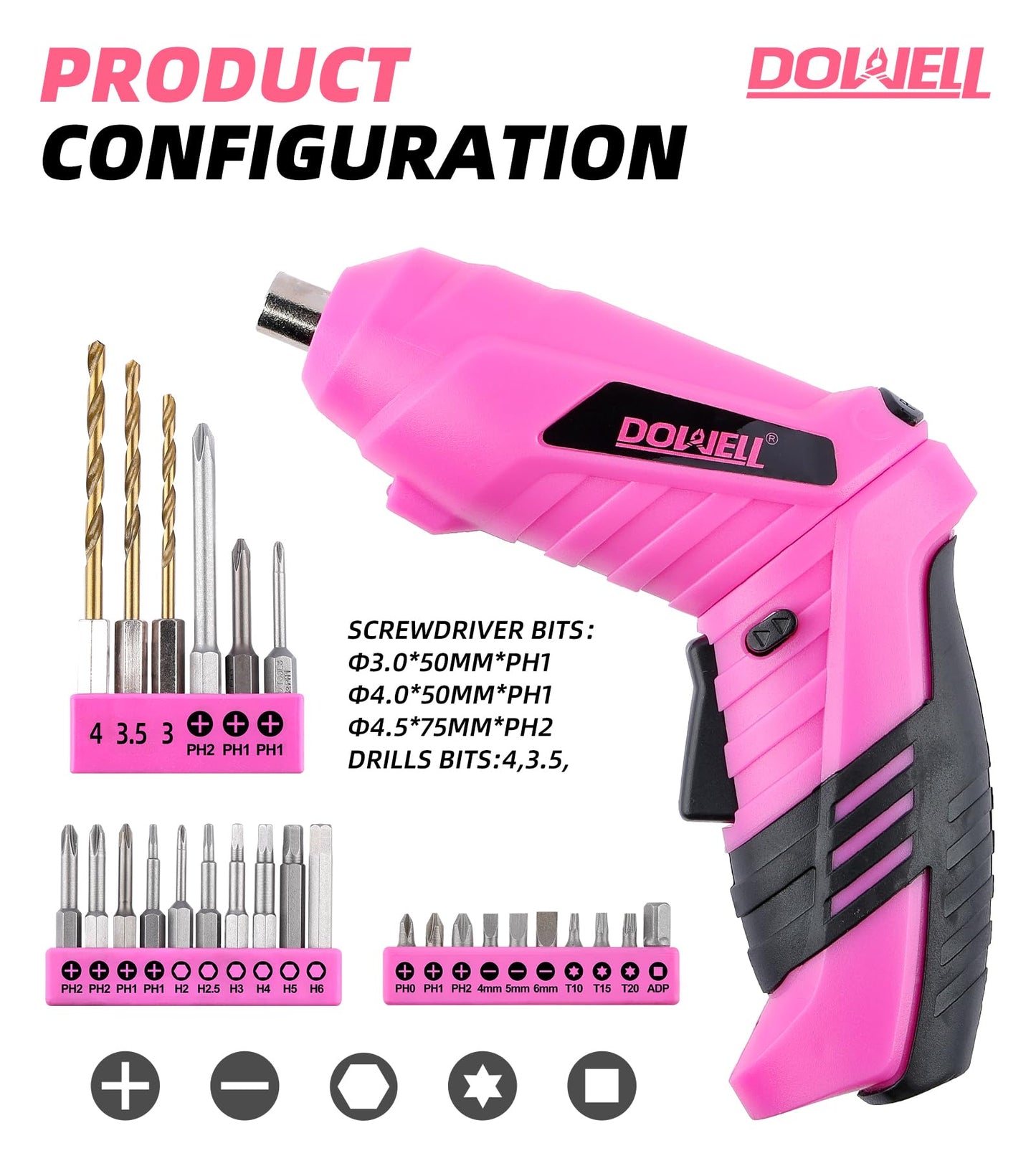 DOWELL Power Electric Cordless Screwdriver Set Rechargeable 3.6V Power Screwdriver Kit Tools for Women with 28pcs Accessories, Pink