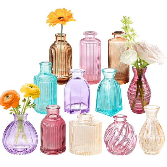 12PCS Mixed Colored Bud Vases Small Glass Vases for Flowers Colorful Vintage Flower Vase for Centerpieces Aesthetic Glass Bottles Bulk Wedding Baby Shower Home Decorations Gifts