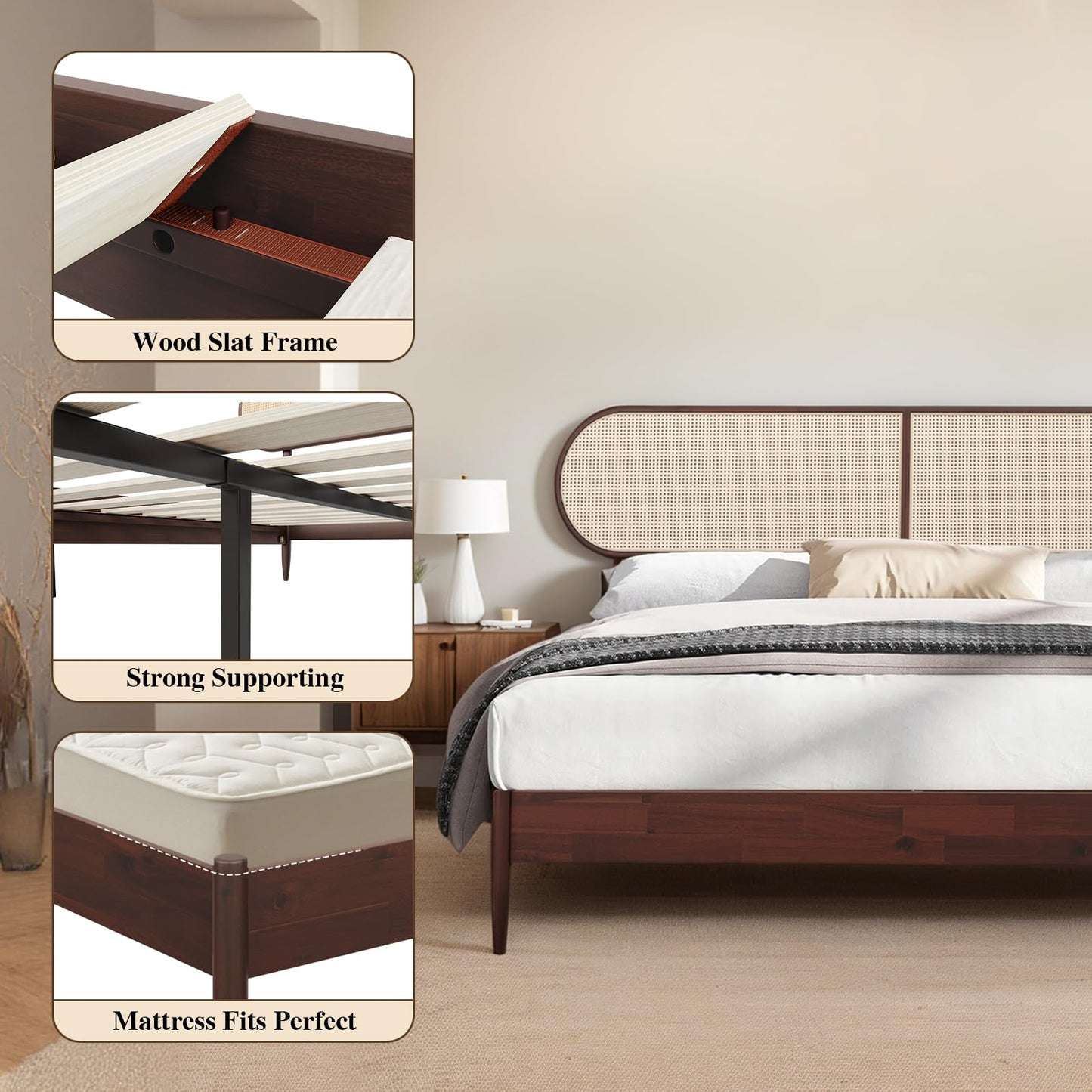 CBHME Queen Bed Frame with Rattan Headboard, Solid Wood Foundation with 12-Slat Wood Support, Bohemian and Mid Century Style, No Box Spring Needed, Dark Walnut