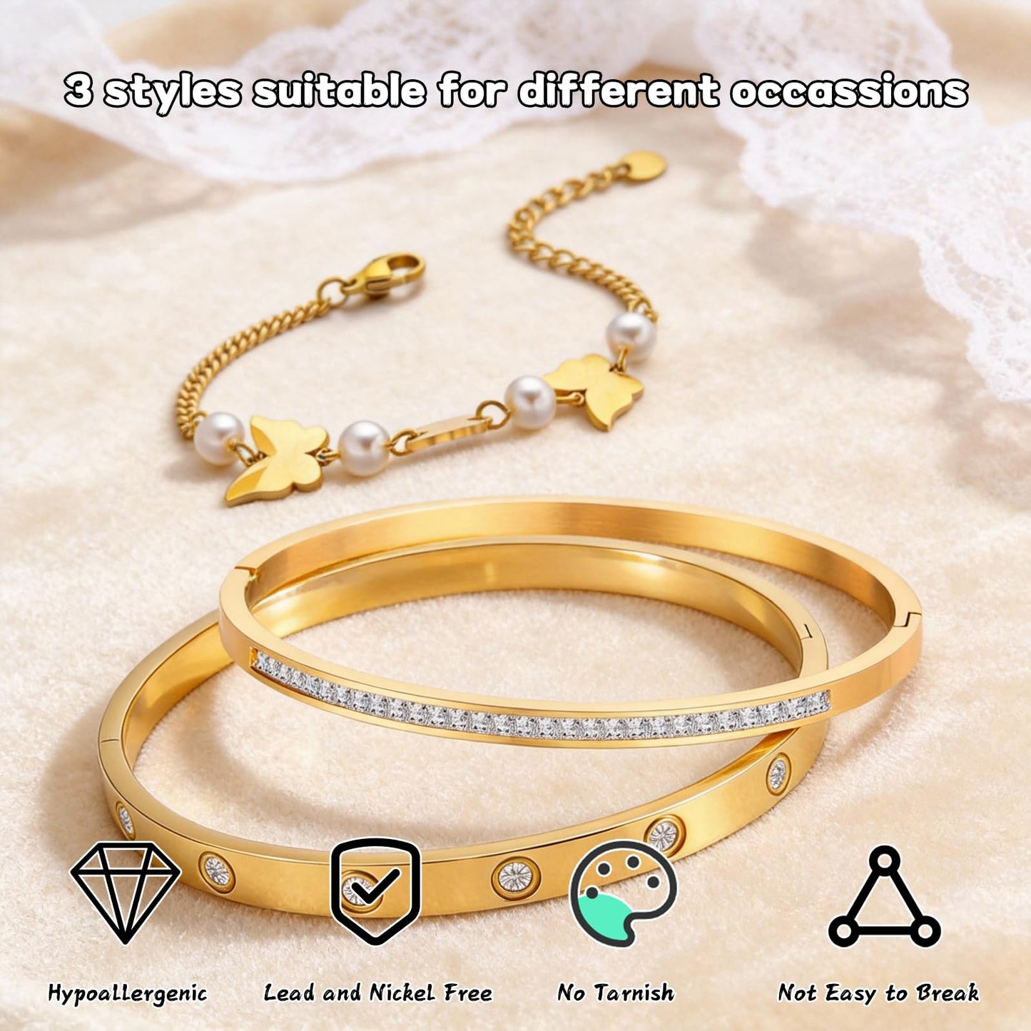 Women's Stacking Bangle Bracelets Set, 18K Gold Plated Pearl Butterfly Handchain Nail Love Bracelet Non Tarnish Gold Jewelry Trendy Waterproof Bangles Set for Women Valentines Birthday Christmas