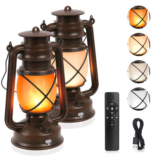 2 Pack Vintage Lantern Flickering Flame Rechargeable LED Retro Camping Lights 4 Modes Remote Control Battery Powered Outdoor Lamp Hanging Lanterns