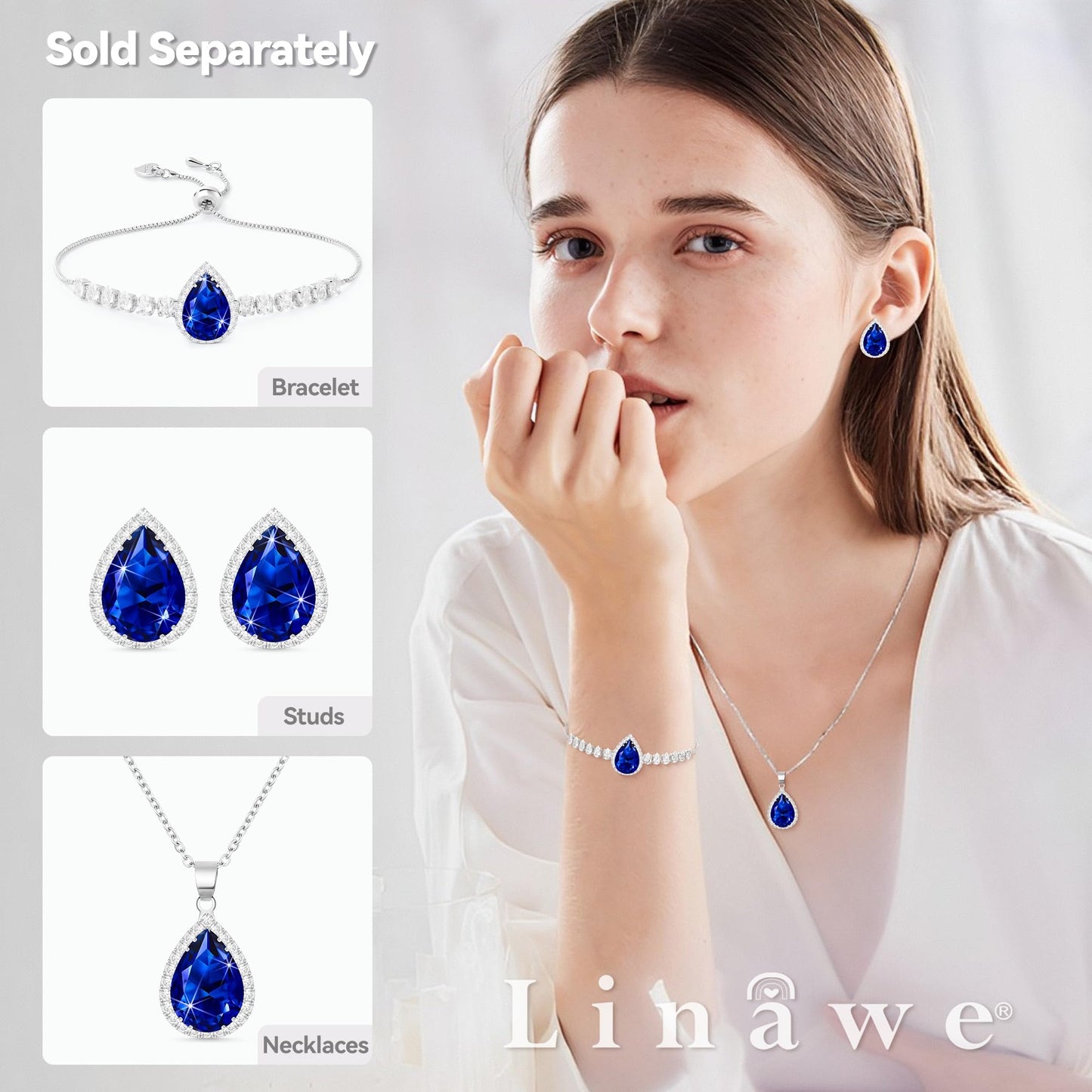 Linawe Sapphire Crystal Navy Blue Imitation Diamond Pendant Silver Necklace for Women Trendy, Cubic Zirconia Rhinestone Moonstone Moissanite Boho Wedding Jewelry Set