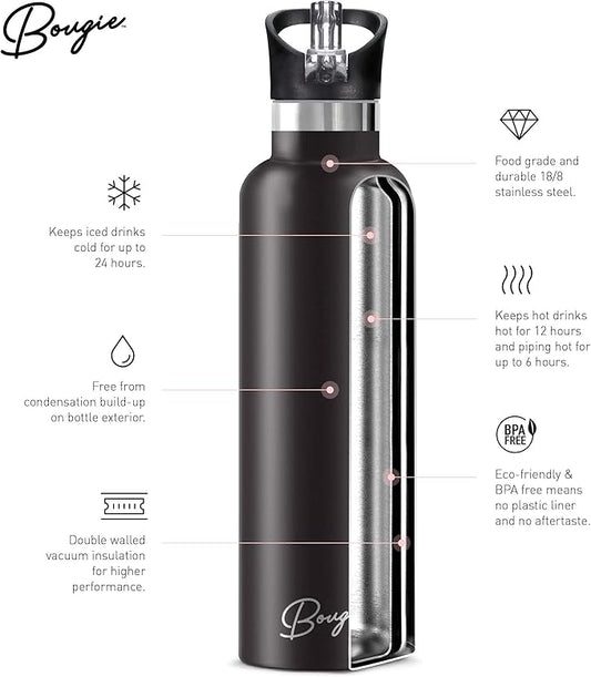 Bougie My Bottle - Primavera Stainless Steel Water Bottle With Straw | Pipe Cleaner & Ice Tray Included | Leak-Proof, BPA Free, Double Insulated For Warm & Cold | 25 oz/750 ml