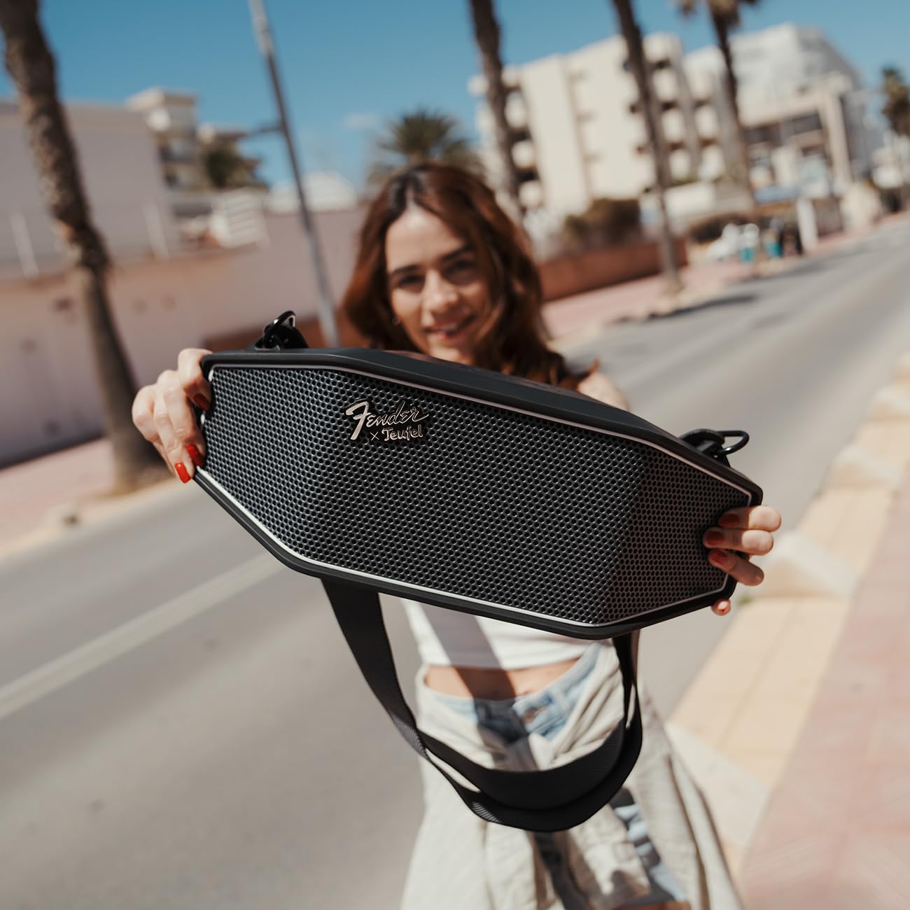 Fender x Teufel ROCKSTER CROSS Portable Wireless Bluetooth Speaker – Rugged, Waterproof, 16 Hours of Battery, Powerful Stereo Sound, Subwoofer, Built-in Power Bank, Fender Guitar Strap (Black & Steel)