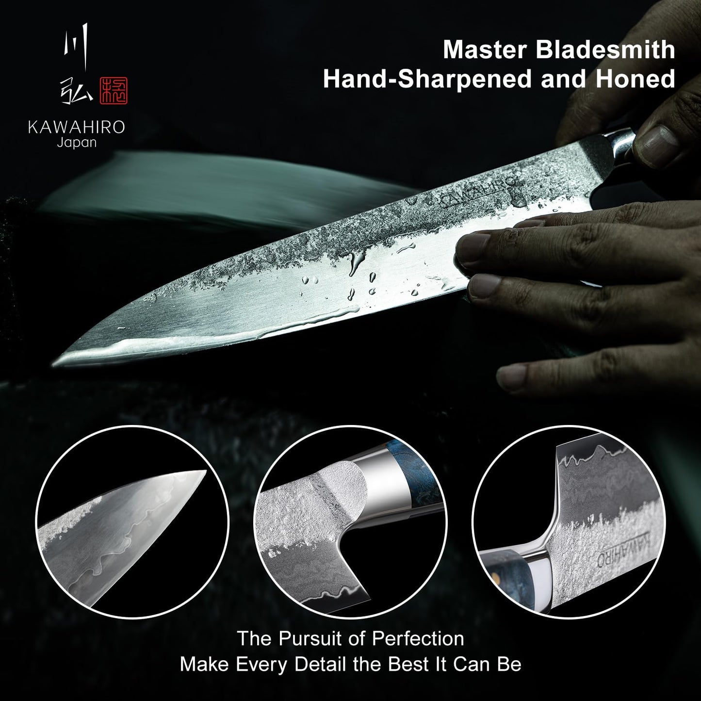 KAWAHIRO Japanese Chef Knife with SG2 Powder Steel, 8.27 inch Professional Gyuto Knife, Hand Forged Kitchen Knife with Premium Stabilized Wood Handle and Wood Gift Box