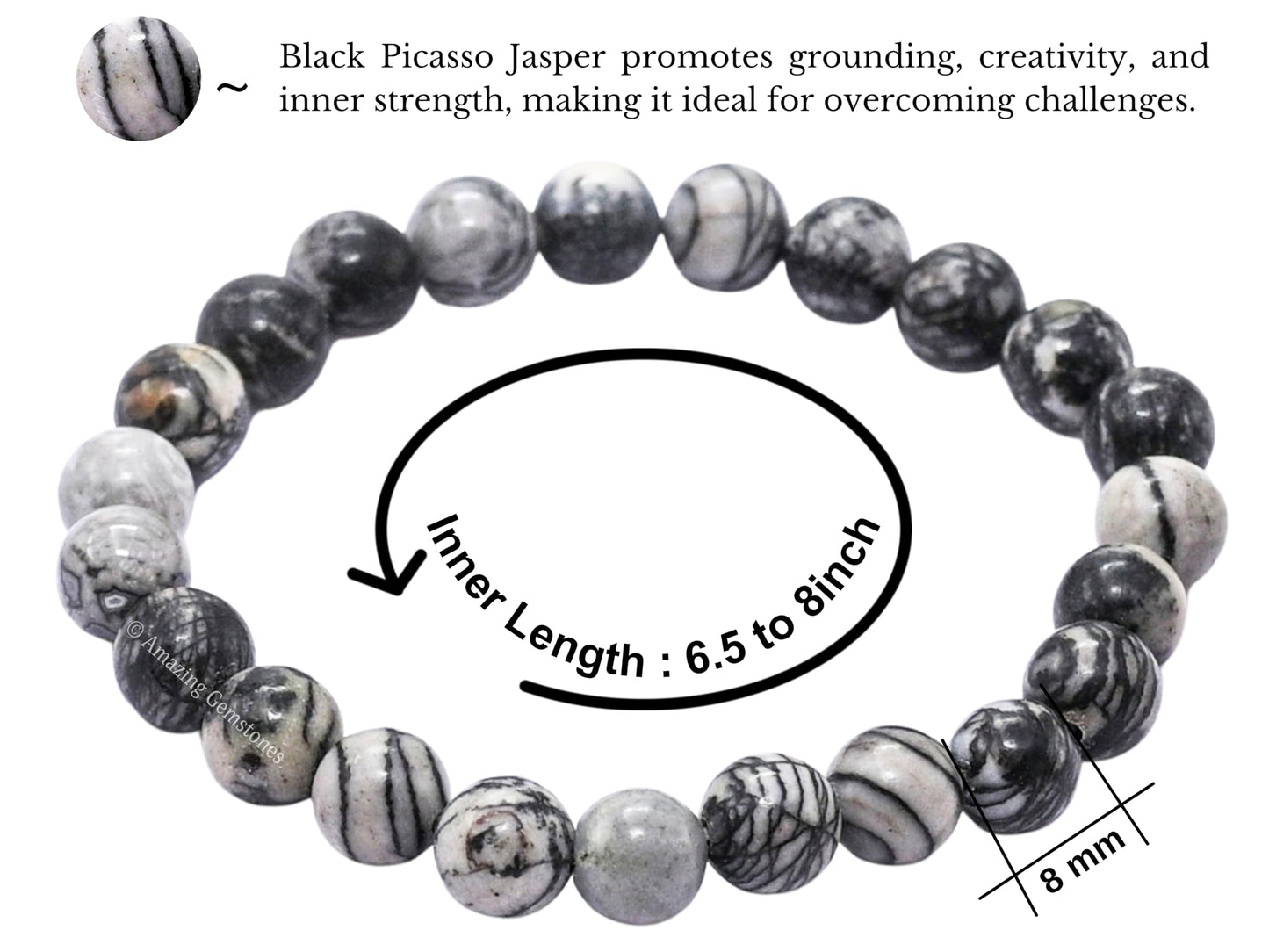 Amazing Gemstone Black Picasso Jasper Bracelet for Women Men's Gifts - Protection Healing Crystal Bracelet - 8mm Gemstone Beaded Stretchable Bracelet Pulseras Para Hombres Mujer Stocking Stuffers Mothers Day Gift