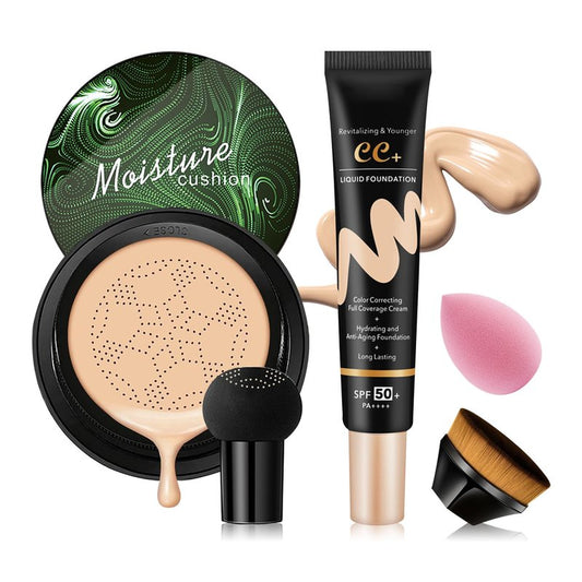 2PCS Mushroom Head Air Cushion CC Cream, Moisturizing Lasting Oil Control BB Cream for All Skin Types, Full Coverage Concealer Liquid Foundation Face Makeup Set with Foundation Brush & Makeup Sponge B