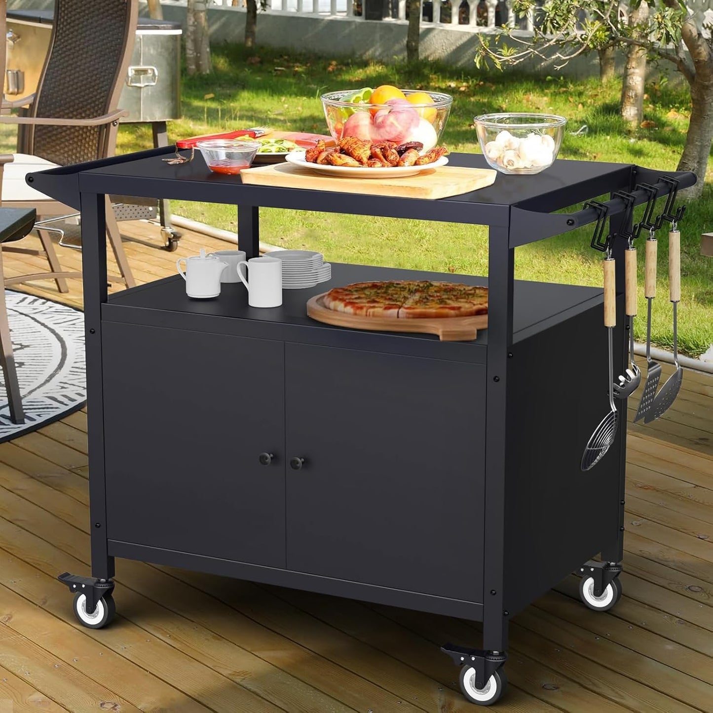 Outdoor Grill Table with Storage, Movable BBQ Grill Cart, Outdoor Kitchen Prep Station, Rolling Bar Serving Cart with Utensil Hooks, Blackstone Griddle Stand