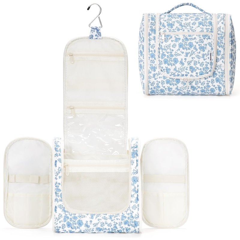 Narwey Large Hanging Toiletry Bag for Women Travel Makeup Bag Make up Organizer Toiletries Bag for Cosmetics Essentials Accessories (Large, Blue Flower)