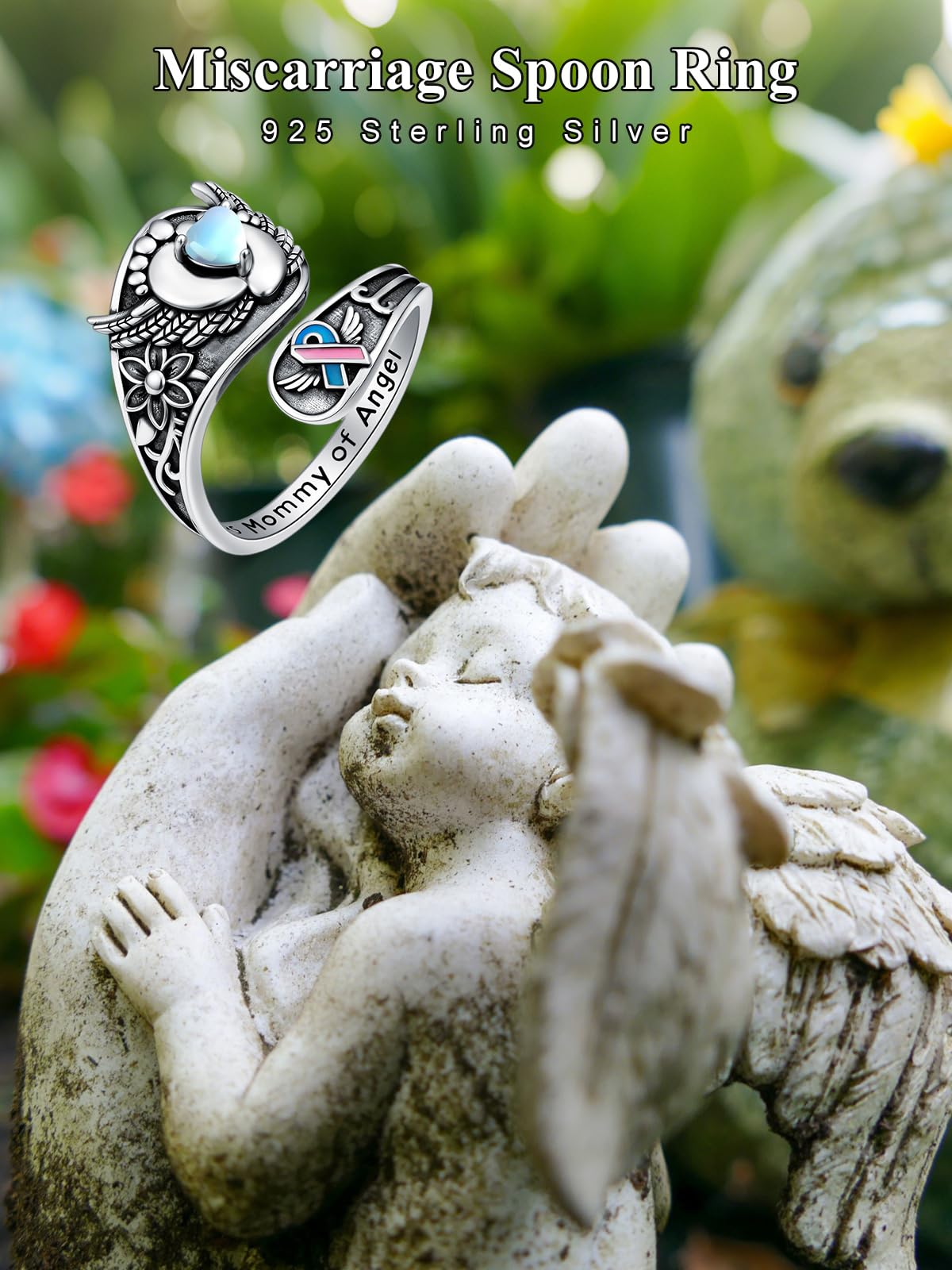 Midari Mommy of an Angel Spoon Rings for Women 925 Sterling Silver Adjustable Heart Footprint Mommy of An Angel Memorial Rings Open Spoon Thumb Rings Mom Jewelry for Women Men Birthday Christmas Gift