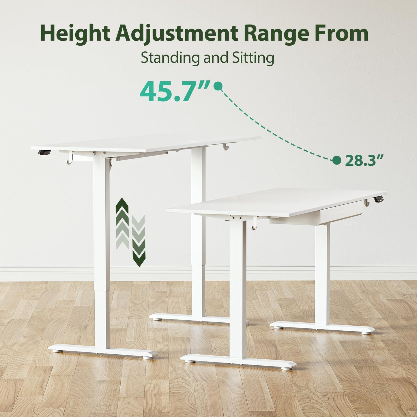 Agilestic Adjustable Height Electric Standing Desk with Storage Wooden Drawer, 63 x 24 Inches Stand Up Home Office Computer Gaming Table with Splice Board for Work Office Home, White