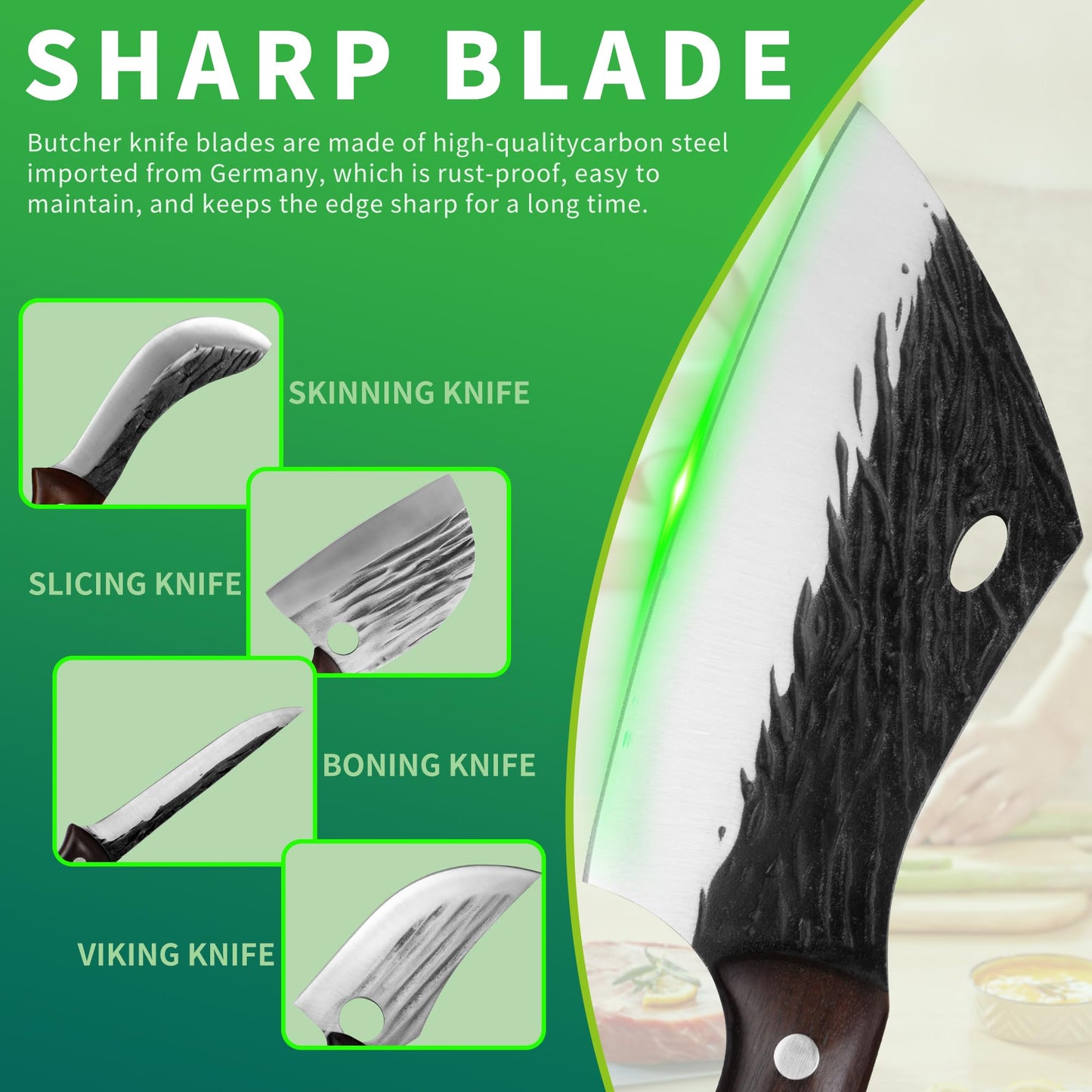 FULLHI 17pcs Butcher Chef Knife Set include sheath High Carbon Steel Cleaver Kitchen Knife Whole Tang Vegetable Cleaver Home BBQ Camping with Knife Bag