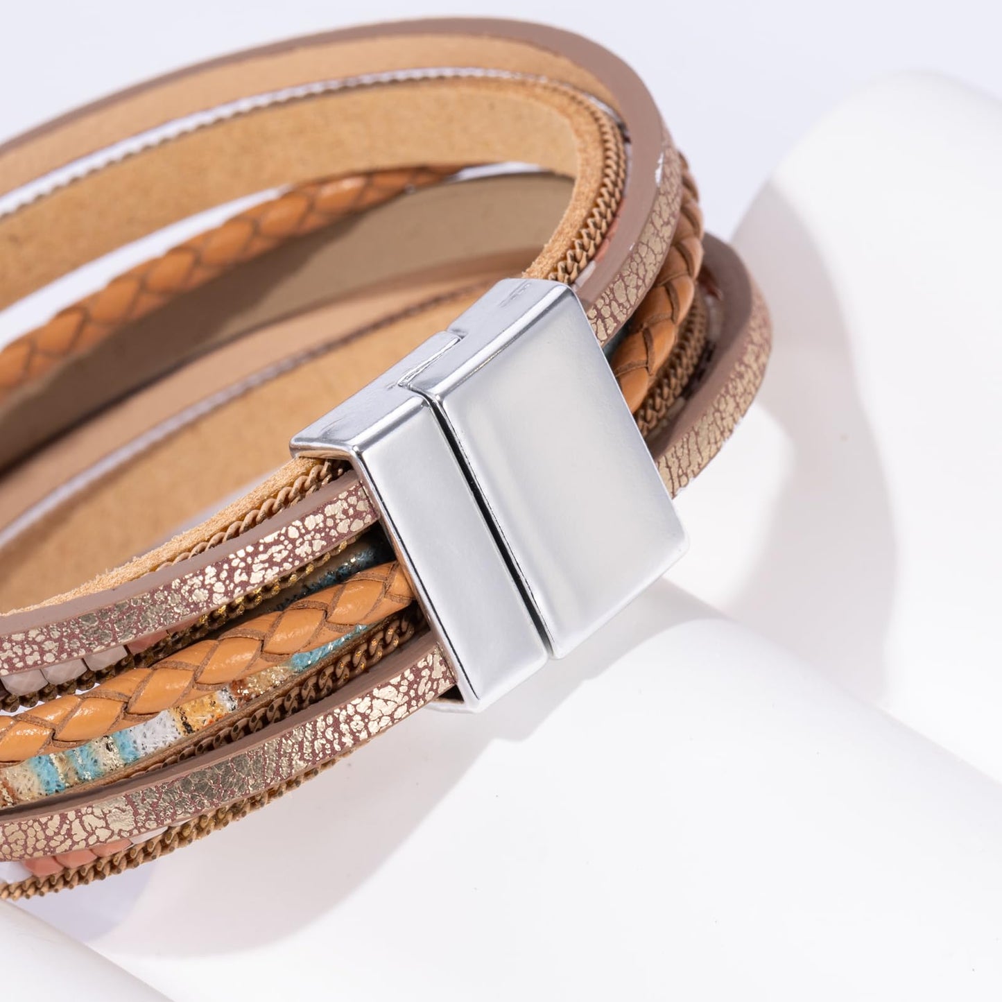 Becklynn Boho Leather Wrap Bracelets Beaded Crystal Stackable Cuff Bracelet with Magnetic Clasp Cowboy Cowgirl County Concert Outfits Western Jewelry Gifts for Women(Double Layer Brown)