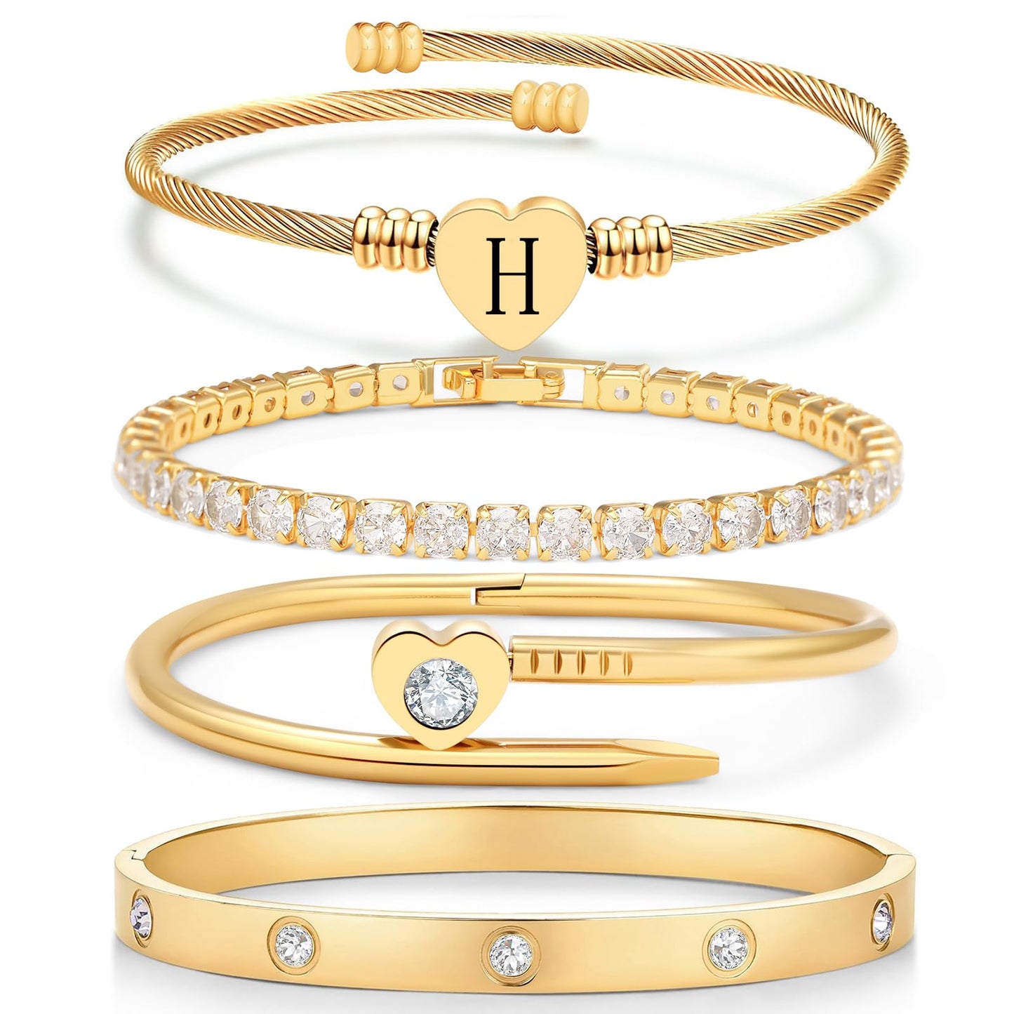 MEIERYA18K Gold Plated Nail love Bangle Bracelet Set for Women,Cubic Zirconia,Adjustable tennis bracelet Trendy Gift Jewelry for Mother's Day Anniversary (07-Style-H)