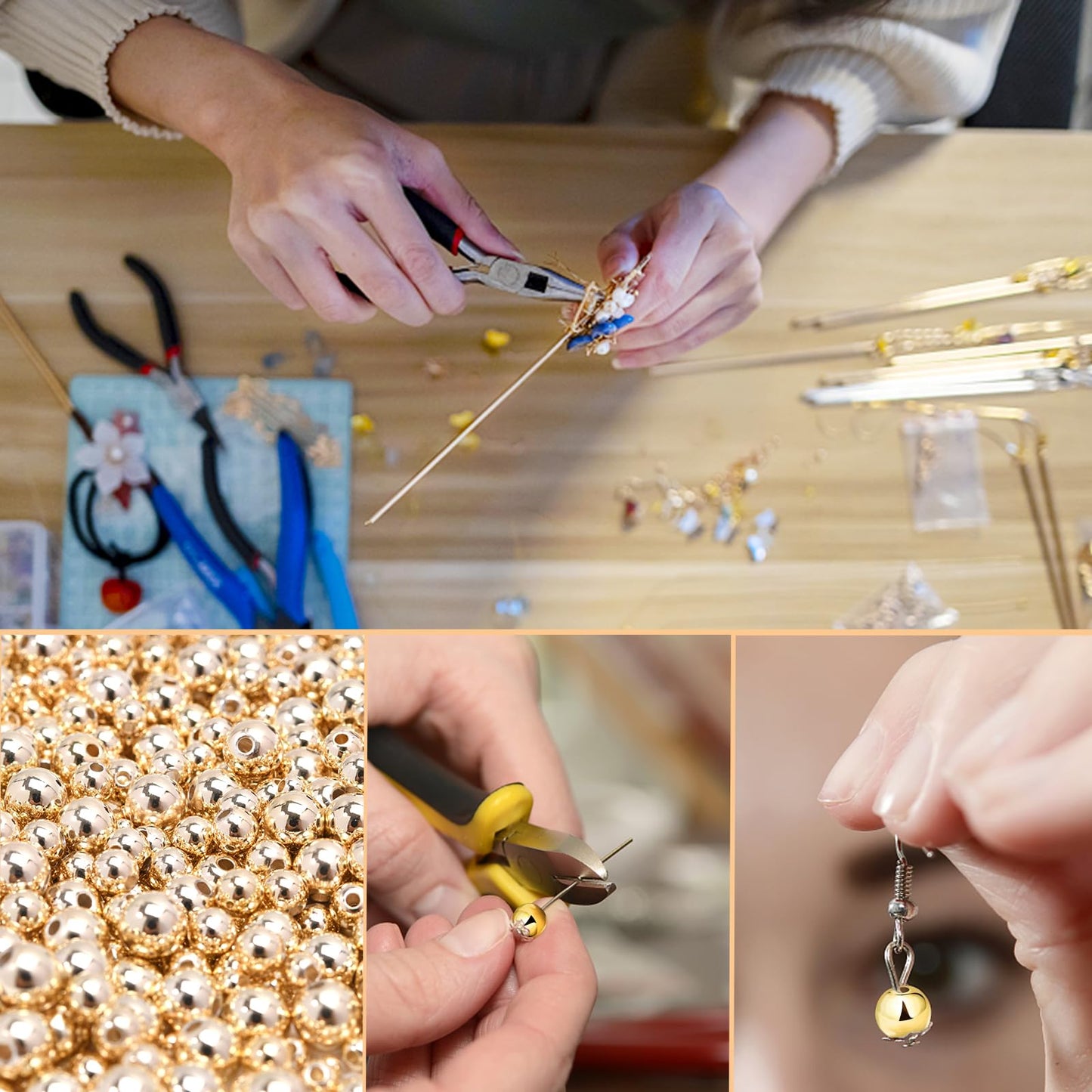 250pcs 14K Gold Filled Spacer Beads，Round Bracelet Bead,Seamless Smooth Metal Brass Bead，Lasting Round Spacer Beads for DIY Necklace Bracelet Jewelry Making (4mm)