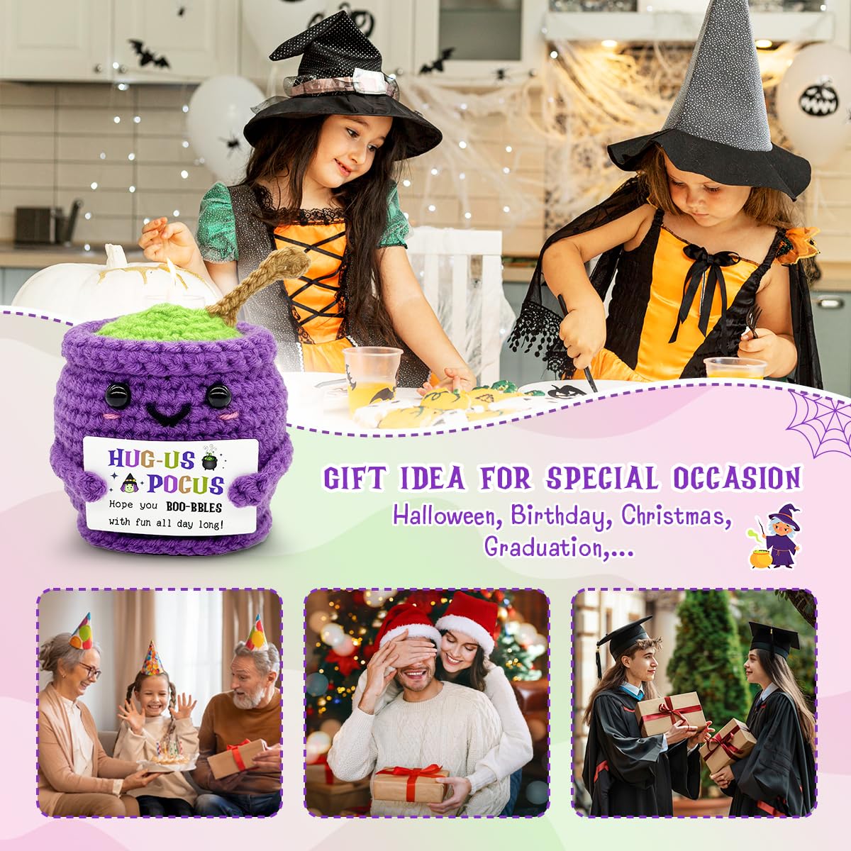 Veryhomy Halloween Positive Cauldron Pot Crochet – Emotional Insprirational Support Gifts for Women Men - Cheer Birthday Gifts for Friends Sister Dad Mom Coworker – Halloween Party Decor Crochet Gift