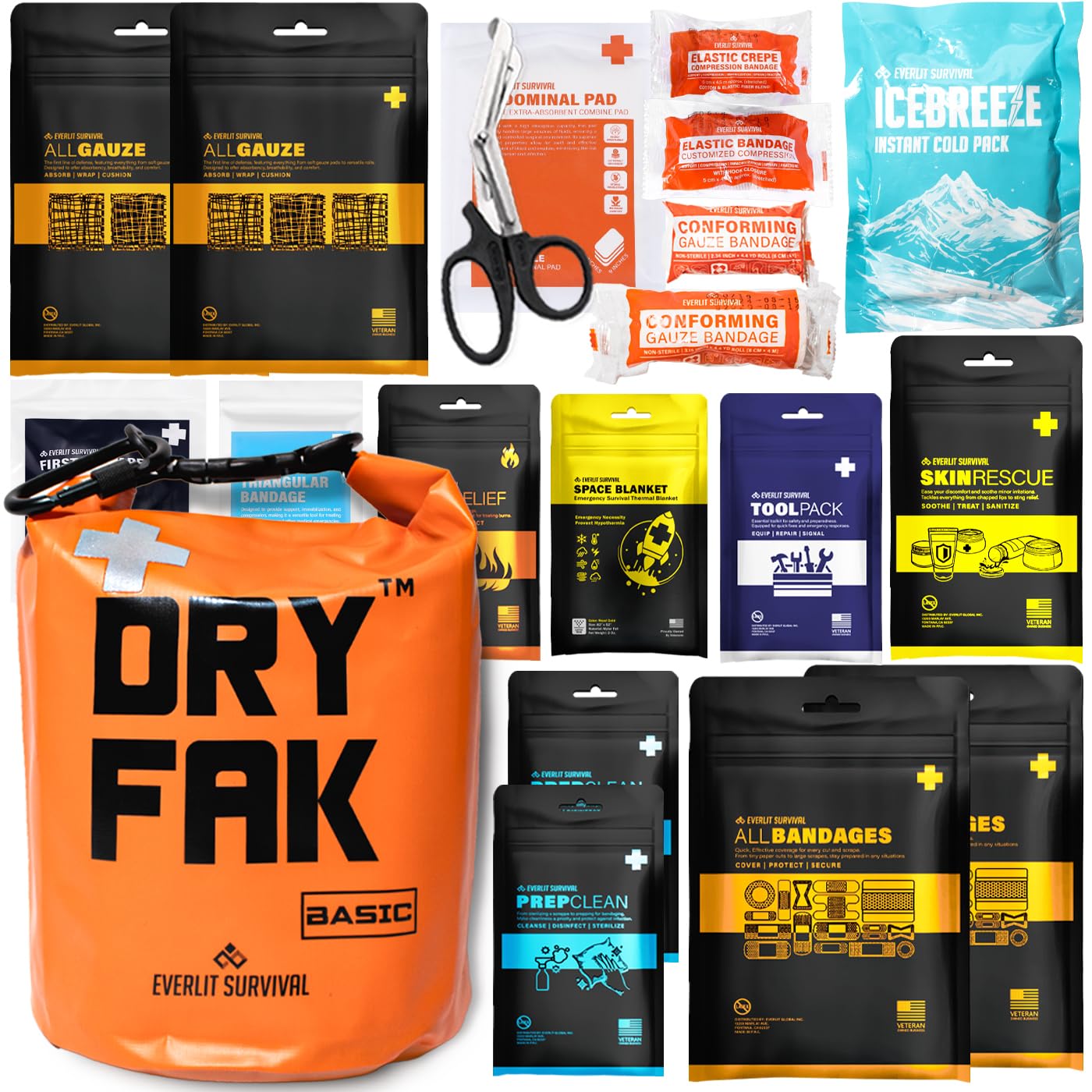 EVERLIT 290 Pc Waterproof First Aid Kit Dry FAK Medical Kit Emergency Survival Kit for Boat, Backpacking, Hiking, Fishing, Travel, Kayaking (Orange) (Orange)
