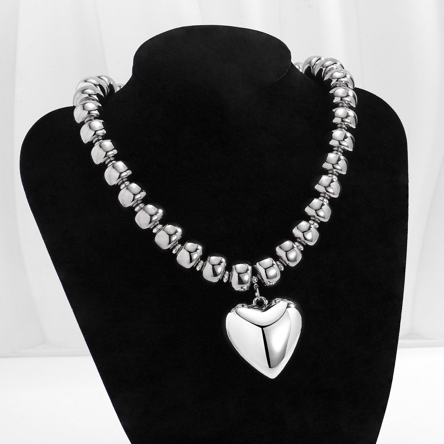ENSKEFEN Silver Puffy Heart Pendant Necklaces for Women Chunky White-Gold Plated Acrylic Beaded Necklace Adjustable Statement Choker Necklace Fashion Jewelry