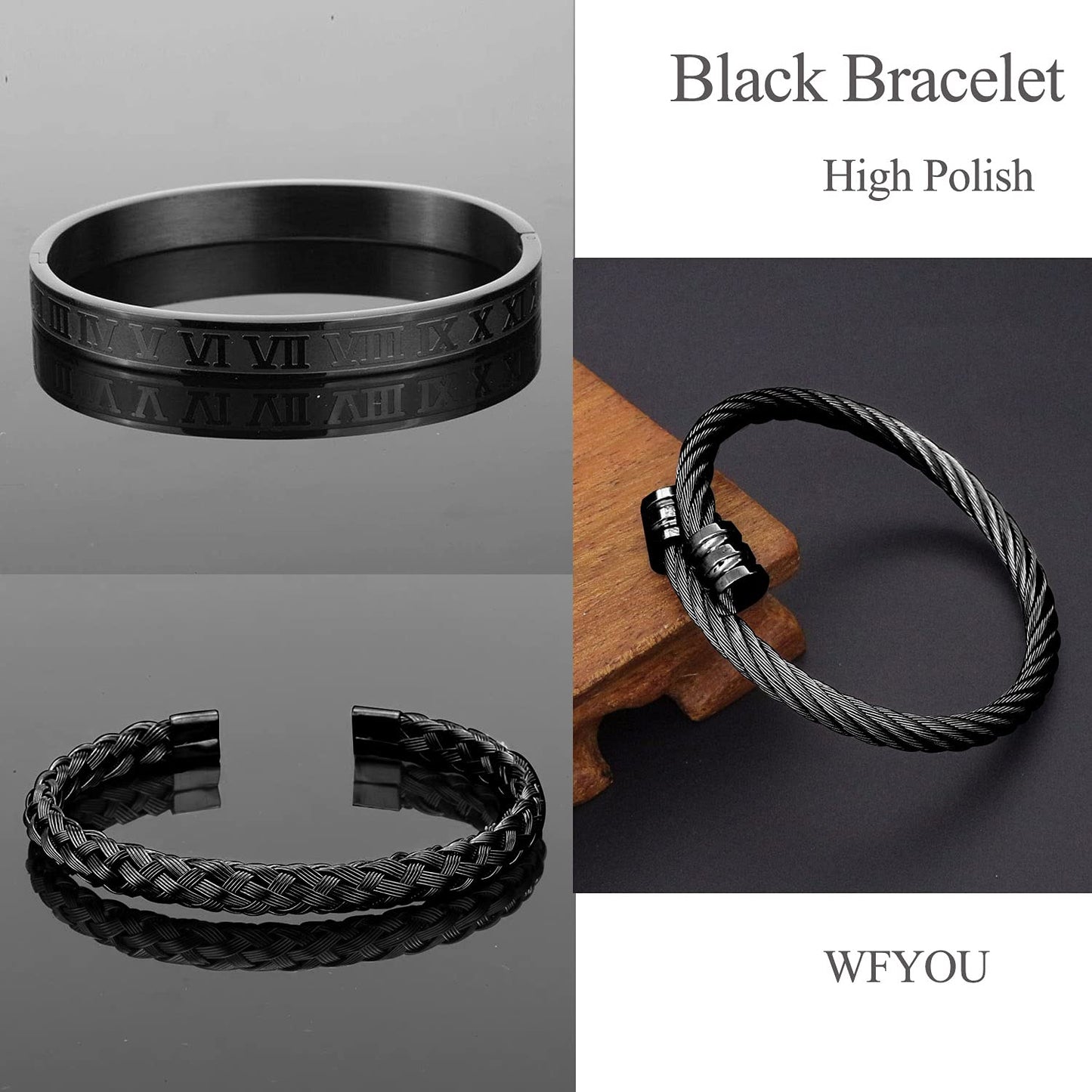WFYOU 3PCS Stainless Steel Bracelets for Men Gold Roman Numeral Bangle Bracelet Twisted Cable Bracelet Adjustable Cuff Bracelet Mens Luxury Jewelry Bracelets Gifts