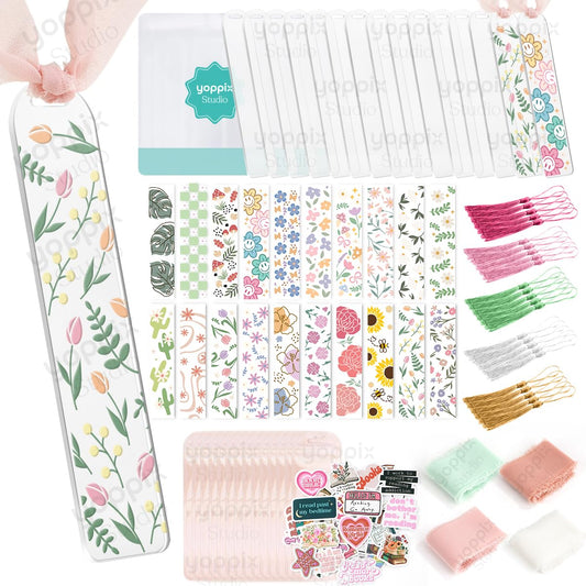 180 Pcs Acrylic Bookmark Blanks- 20 Set Bookmark Making Kit with 20 UV DTF Stickers About Floral Theme 20 Tassels 20 Ribbon 80 Bookish Stickers for DIY Your Crafts Gift for Book Lover
