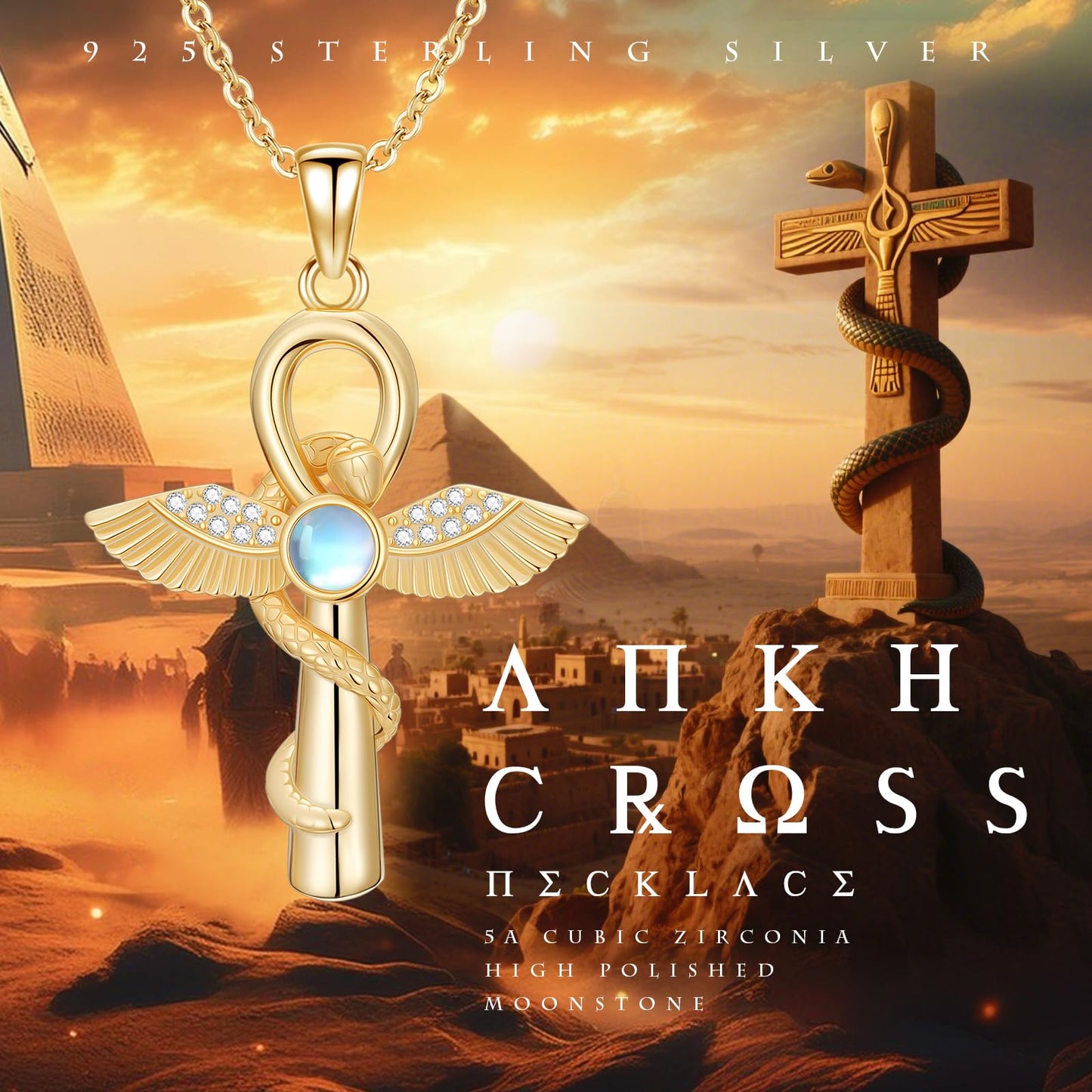 YEESIA Cross Necklace for Men Women, 925 Sterling Silver, Gold Anka Cross Pendant Necklace with Moonstone, Egyptian Protective Jewelry Gift for Men Women