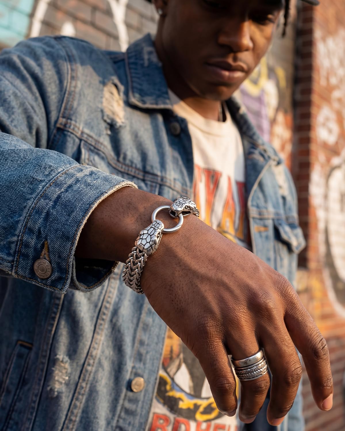 LuxGoth Stainless Steel Double Snake Heads Heavy Cuban Link Chain Bracelet Gothic Punk Rock Biker Vintage Viking Snake Franco Link Curb Bracelet Jewelry for Men Silver GTS-B1B45033