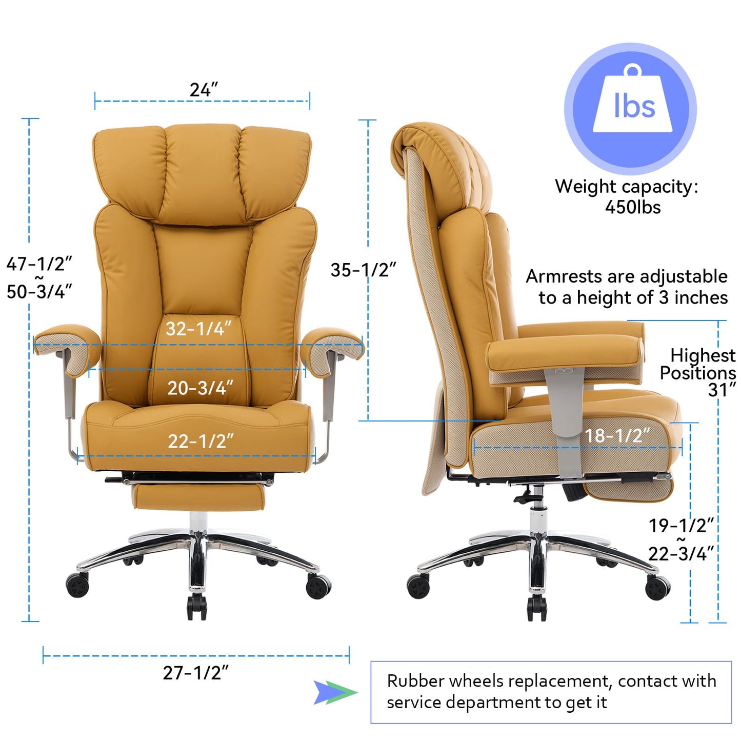 Efomao Big and Tall Green Office Chair 450LBS – Ergonomic High-Back Executive Chair with Footrest, Adjustable Padded Armrests, PU Leather Computer Chair with Lumbar Support for Home or Office, Yellow