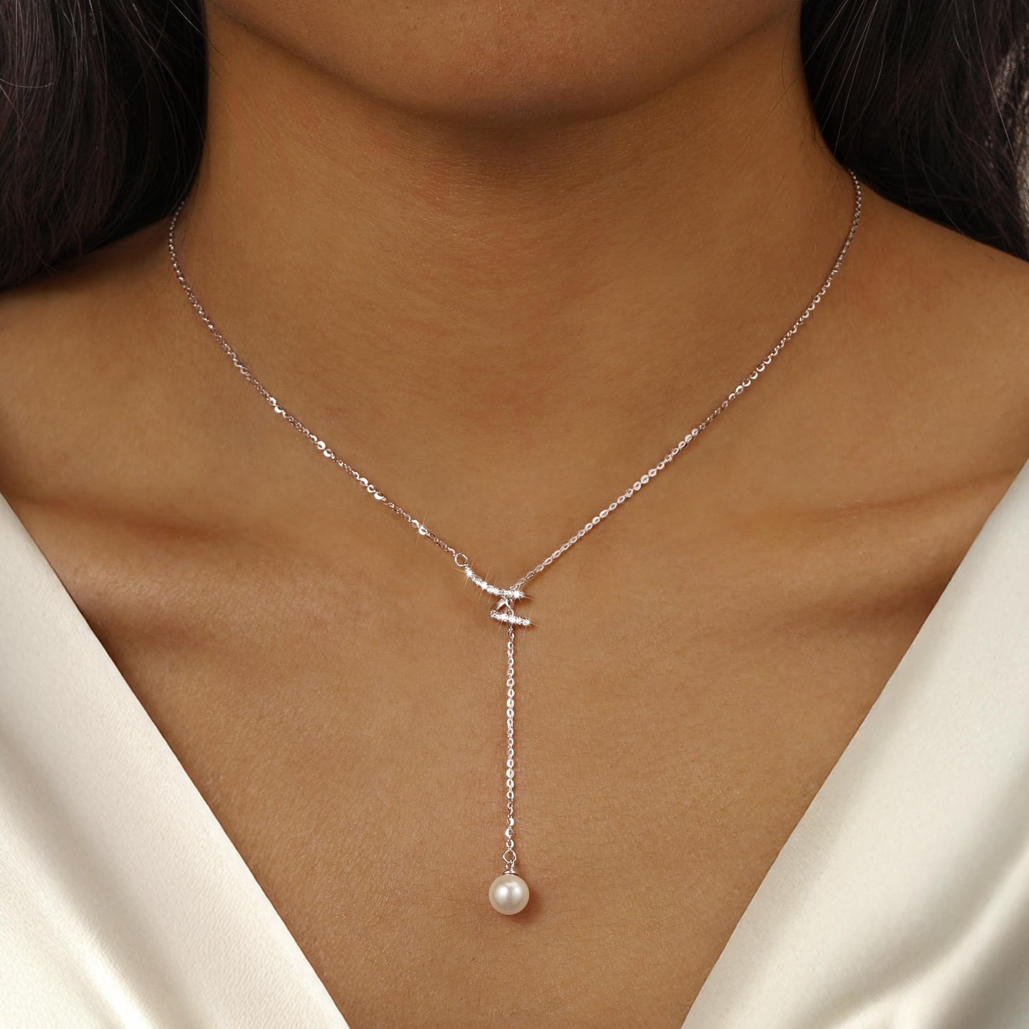 UTISUVIKO Lariat Necklace for Women,Dainty Long 14K Gold Plated Y-Shaped Pearl Necklace 925 Sterling Silver Cubic Zirconia Crystal Ball Sparkle Necklace for Mother Daughter Wedding Mother's Day Jewelry