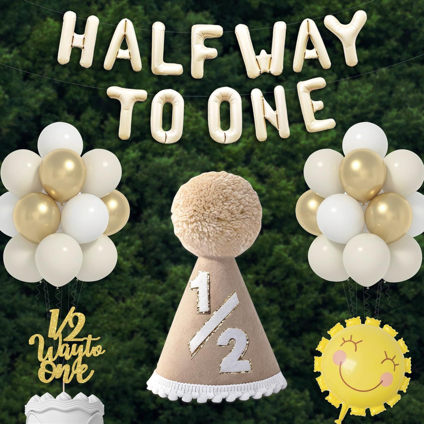 Half Birthday Decorations for Baby Girl - Khaki 1/2 Birthday Hat, Half Way to One Balloon Banner, Gold and White Balloons, 1/2 Cake Topper, Sun Balloons, 6 Months Party Supplies