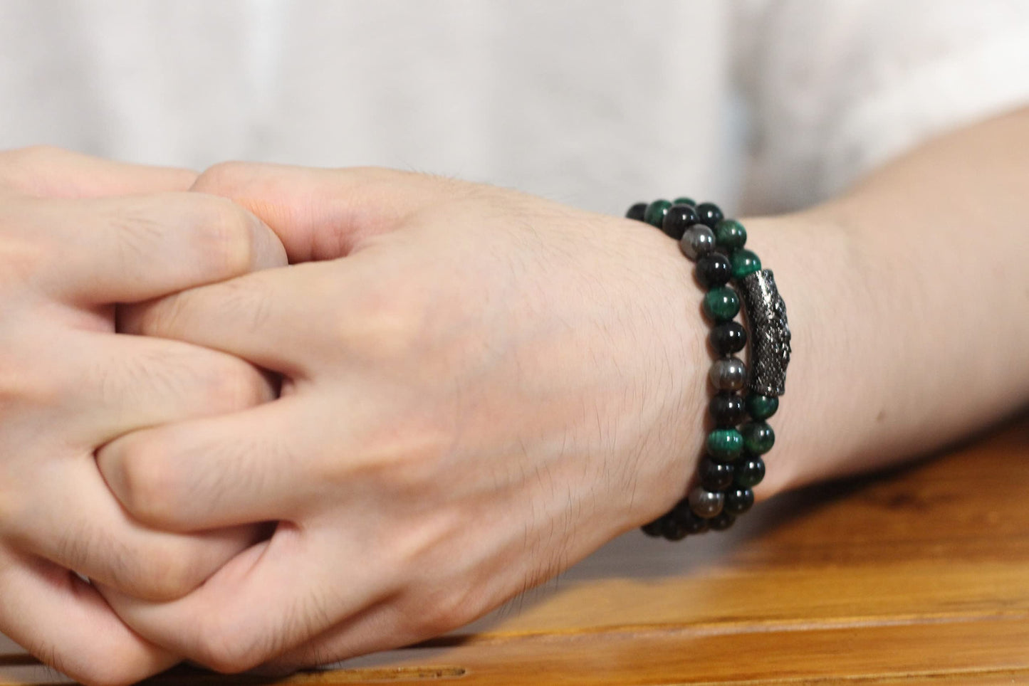 2Pcs Triple Protection Bracelet,Natural Tigers Eye Black Obsidian and Hematite 8 MM Beads Bracelet for Men Women Gift, Healing Crystal Bracelets Bring Luck and Prosperity and Happiness (Green)