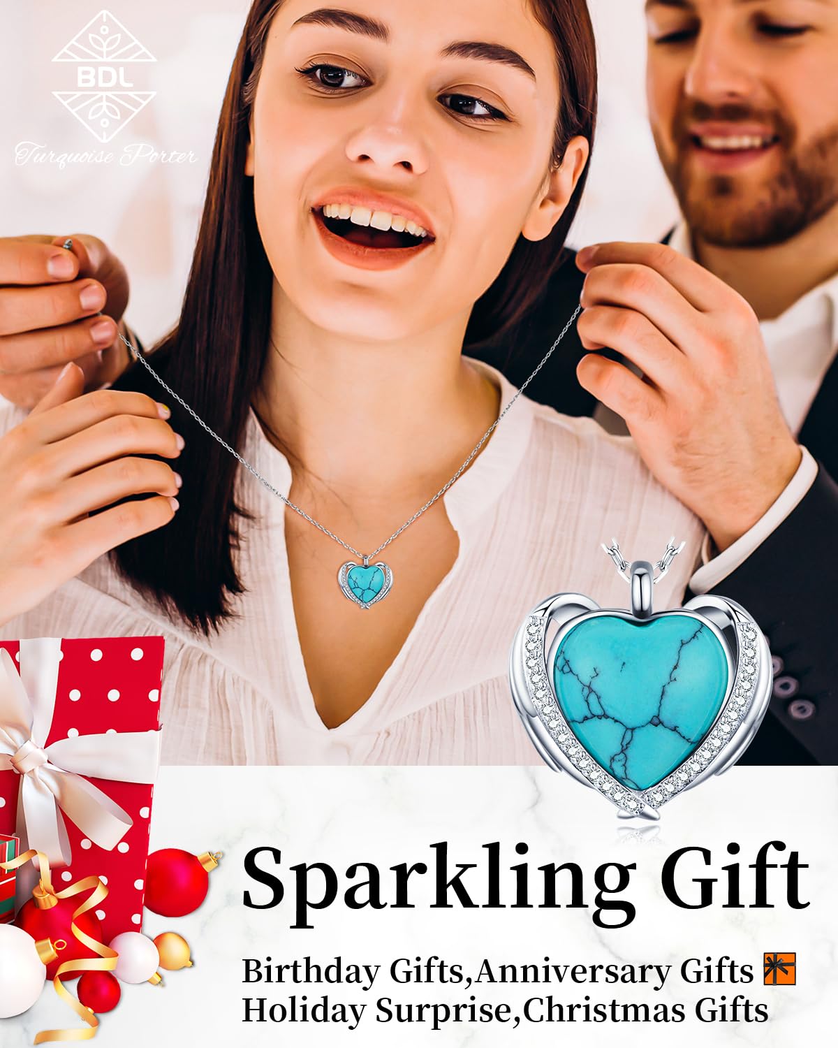 BDL Turquoise Necklace - Sterling Silver Angel Wing Heart Shape Natural Turquoise with 5A Cubic Zirconia Pendant Necklace for Women, Western Jewelry, Gifts for Women Wife Moms Grandma…