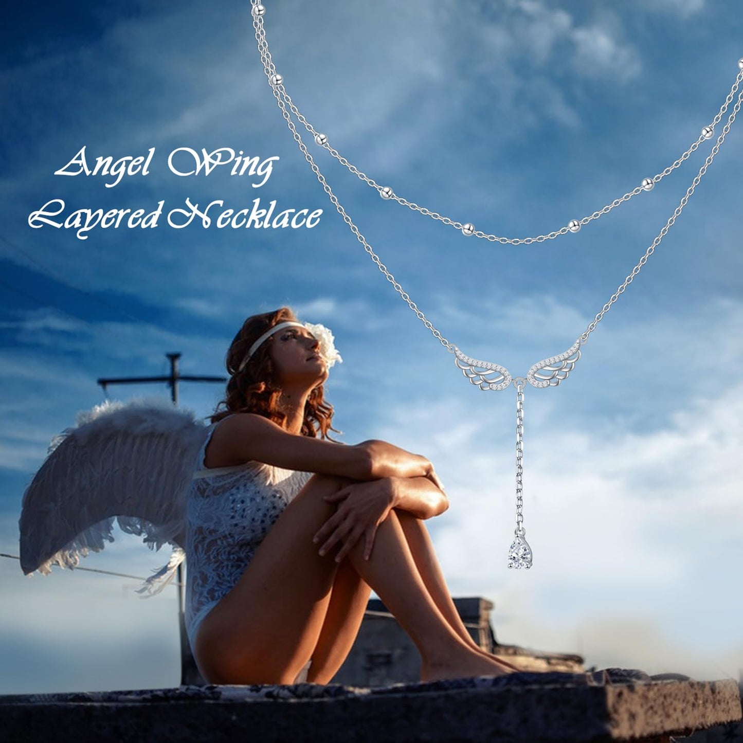 FLYOW Angel Wings Layer Necklace S925 Sterling Silver Double Layered Necklace Teardrop CZ Choker Y Lariat Long Necklace Birthday Mothers Day Gifts Sympathy Jewelry for Women