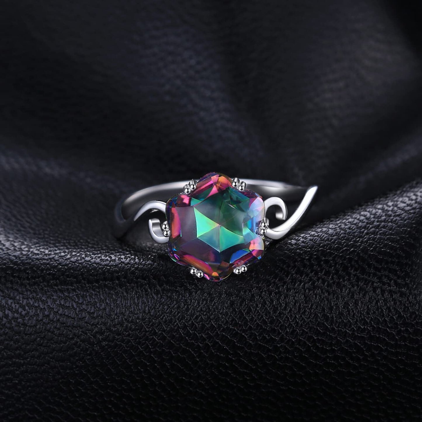 JewelryPalace Fancy Cut 5.7ct Multicolor Genuine Rainbow Quartz Cocktail Rings for Her, 14K White Gold Plated 925 Sterling Silver Ring for Women, Natural Gemstone Jewelry Rings 6