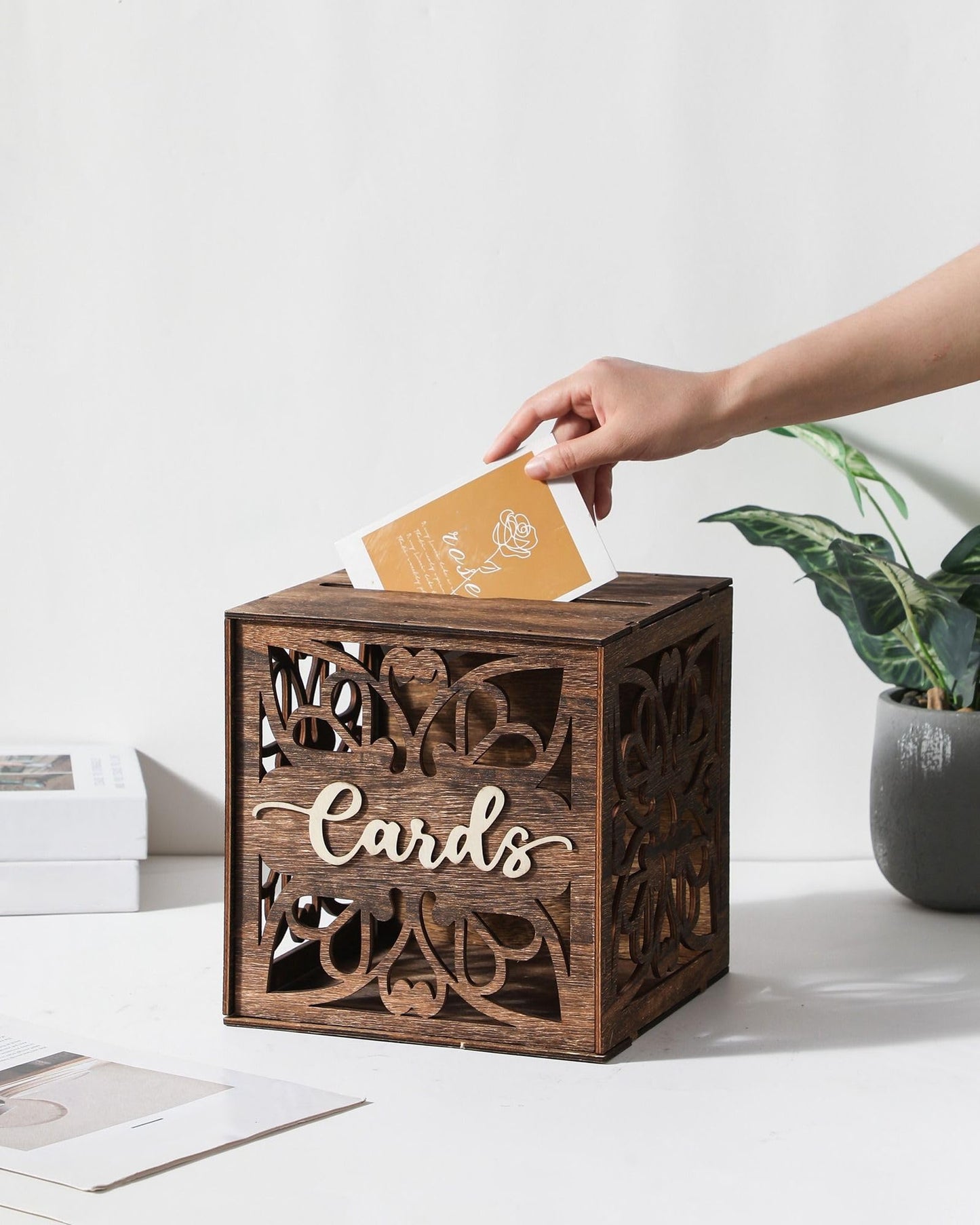 Xhqsulsclac Wedding Card Box with Lid, Wood Gift Card Box for Wedding Reception, Rustic Envelope Money Box for Wedding Party Birthday Bridal Shower Baby Shower Graduation Decorations (8.8x8.8x9.1 in)