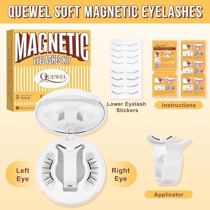 QUEWEL Magnetic-Eyelashes with Applicator, Upgrade 1 Pair Soft Magnetic Lashes, No Glue Needed Reusable Magnetic Eyelashes So Soft and Suitable for Beginners (Soft-Magnetic-D)