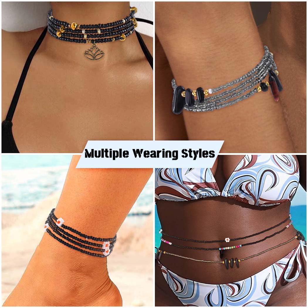 ELABEST 24-39inch African Waist Beads for Women 8Pcs Elastic Belly Beads Colorful Beaded Waist Jewelry Accessories Body Chain (Black, 47.2inch/120cm)