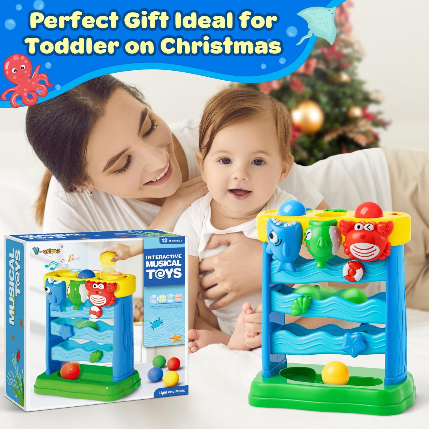 V-Opitos Musical Toys for 1, 2 Years Old Boys & Girls, Feeding Interactive Toys for Baby 12-18 Months, Montessori Education Toys, Perfect Toddler Christmas Birthday Gifts