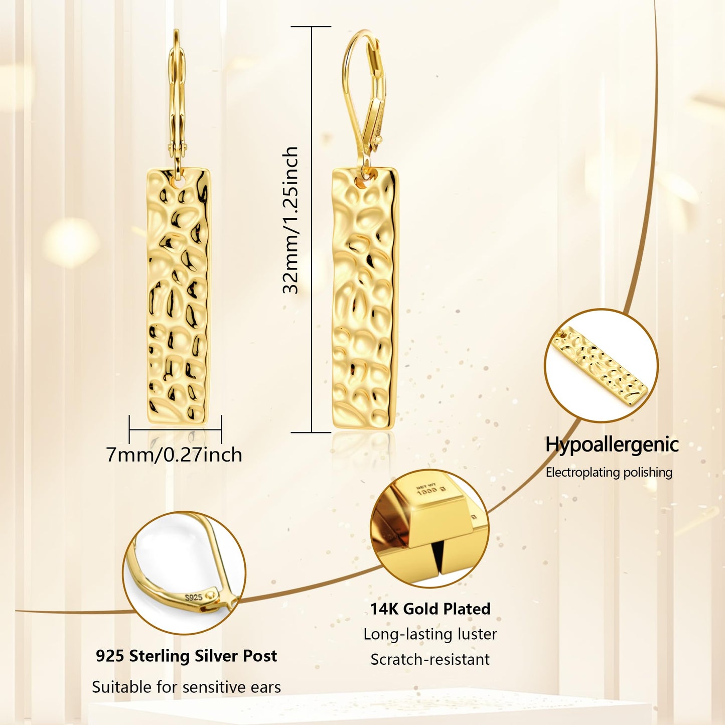 ALEXCRAFT Gold Dangle Drop Earrings for Women, 14K Goldplated French Hook Leverback Earrings, Lightweight Trendy Earing Gold Long Chunky Hammered Square Bar Drop Earing for Women Statement Jewelry
