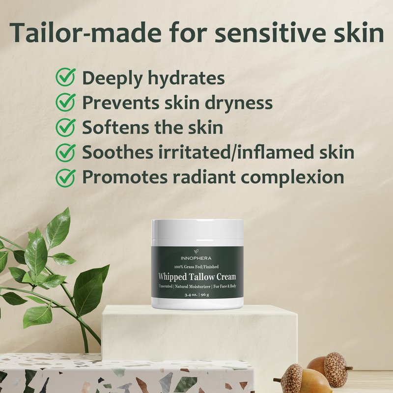 Innophera Whipped Beef Tallow Cream for Skin Care ‒ Grass Fed & Grass Finished ‒ 100% Natural Moisturizer for Sensitive Skin ‒ Handmade Face & Body Lotion ‒ Unscented & Odorless ‒ 3.4 oz.
