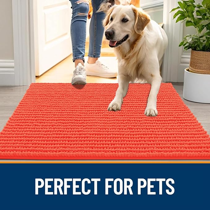 OLANLY Dog Door Mat for Muddy Paws 36x24, Ultra Absorbent Chenille Mud Doormat, Non-Slip Washable and Dirt Trapping Doormat for Indoor Entryway, Quick-Dry Indoor Pet Bed Mats for Dogs, Coral