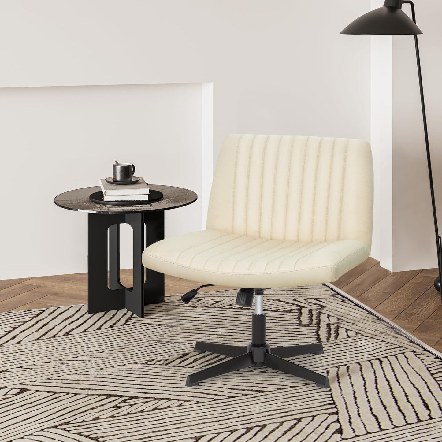 PayLessHere Criss Cross Chair,Armless Cross Legged Office Chair,Wide Comfty Desk Chair with No Wheels Modern Height Adjustable,Swivel Fabric Vanity Chair Computer Task Chair (Pack of 2, Beige)