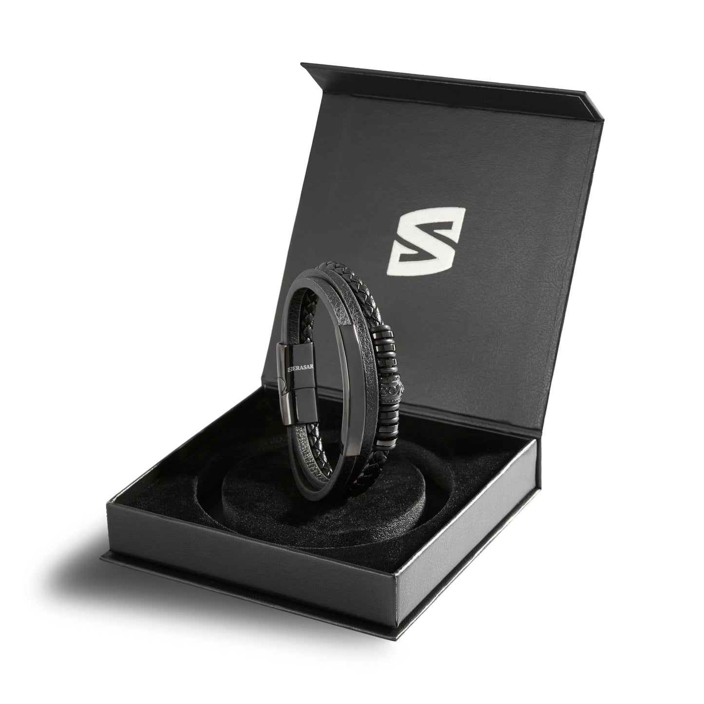 SERASAR Pulseras para Hombres 17cm Black Leather Bracelets for Men Brown Cowhide Gift Box Braided Bracelet Stainless Steel Jewelry Wrist Band Cuff Wrap Rope Bangle Dad Man Cuero Regalo