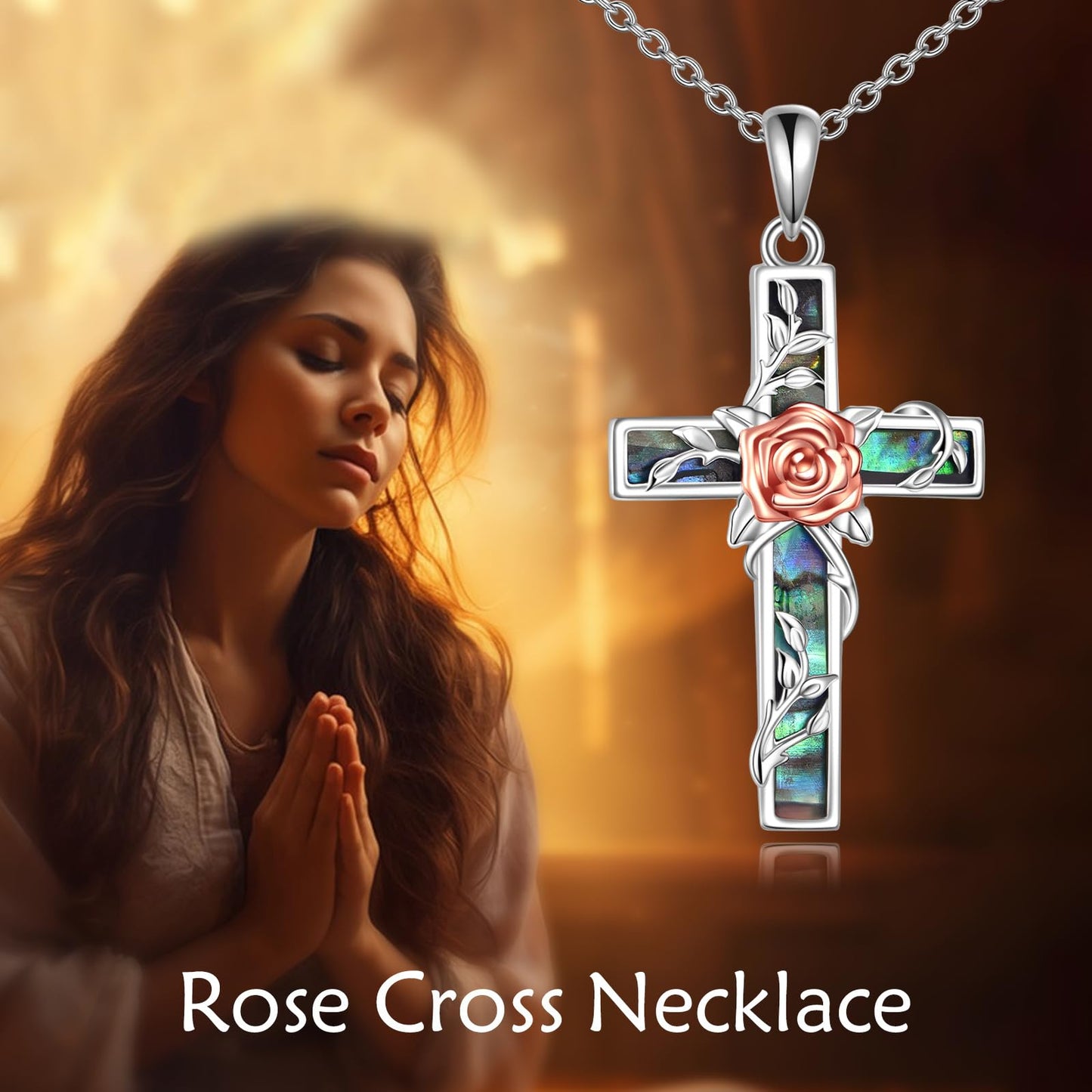 YFN Rose Cross Necklace Sterling Silver Flower Cross Pendant Abalone Shell Jewelry Religious Christian Baptism Gifts for Her Women