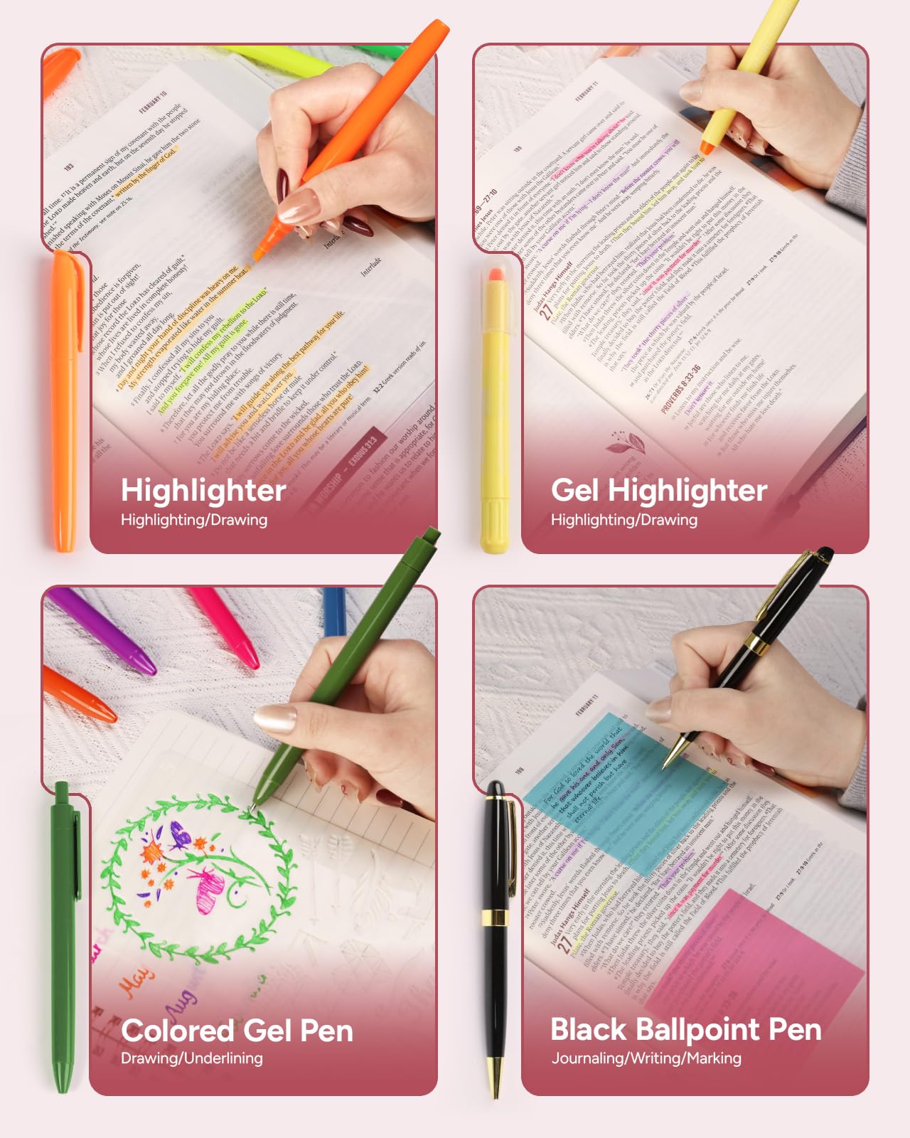 BellaHold Bible Study Kit for Women and Girls – 50PCS Journaling Supplies, 11 Bible Accessories, No-Bleed Highlighters, Pens, Bible Tabs, Large Pencil Case, Christian Gift (Light Pink)