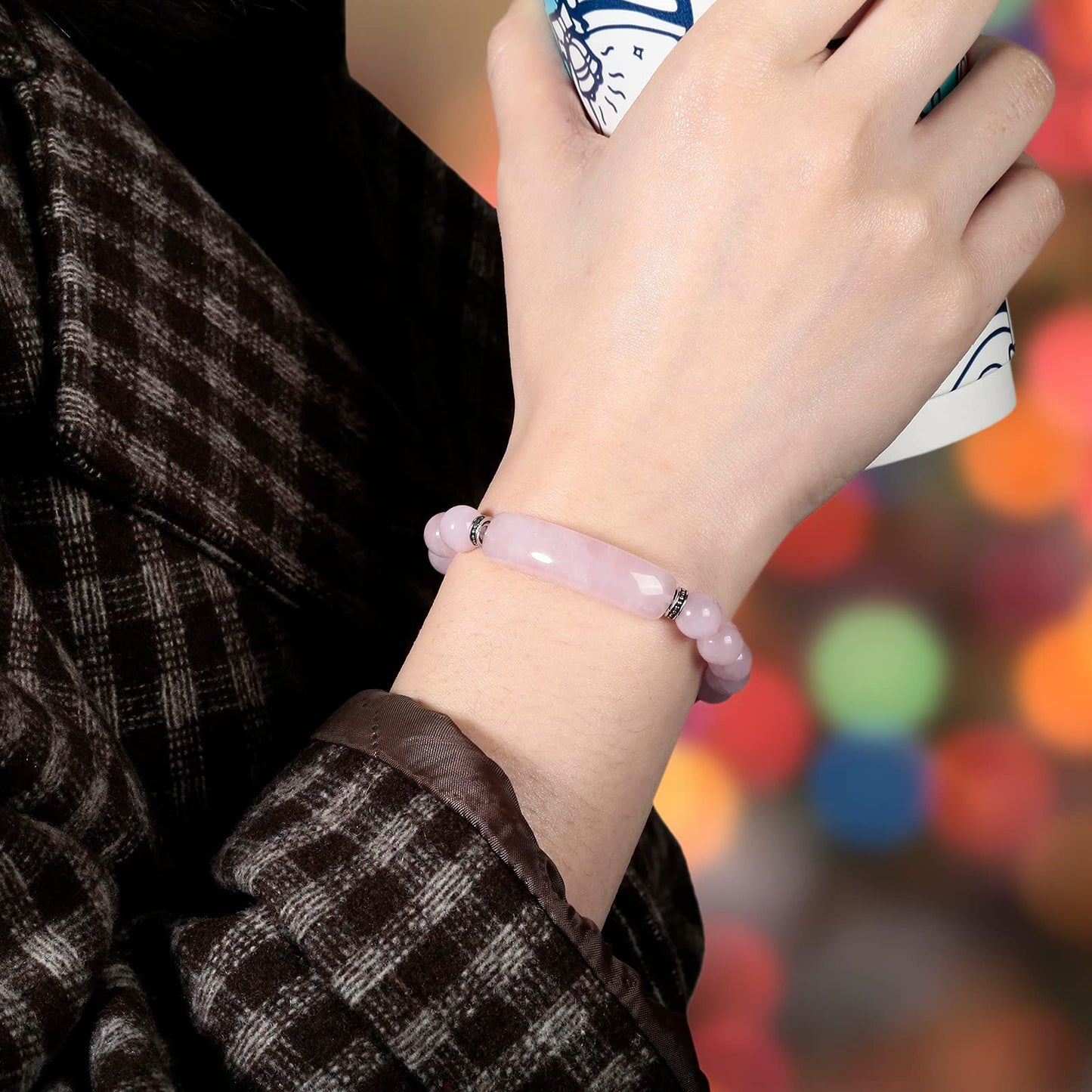 TUMBEELLUWA Healing Stone Bracelet 8mm Beads Chakra Crystal Energy Heart Charm Bracelet Handmade Jewelry for Women, Rose Quartz