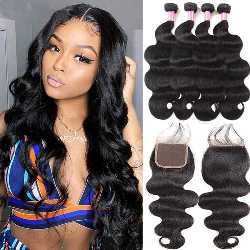 YISEA 12A Brazilian Body Wave Bundles with Closure(12 14 16 18+10 Closure) 100% Unprocessed Human Hair 4 Bundles with 4x4 Lace Closure Braziian Virgin Human Hair