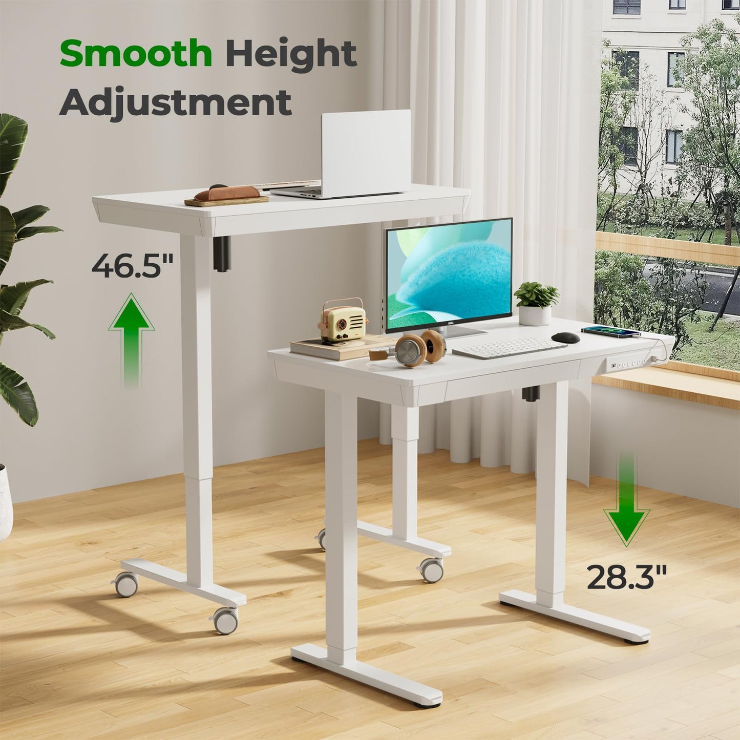 JYLH JOYSEEKER Small Standing Desk with Drawer, 35" x 20" Whole Piece Tabletop Electric Sit Stand Desk, Height Adjustable Desk with Storage & USB Ports, Quick Install Home Office Computer Desk, White