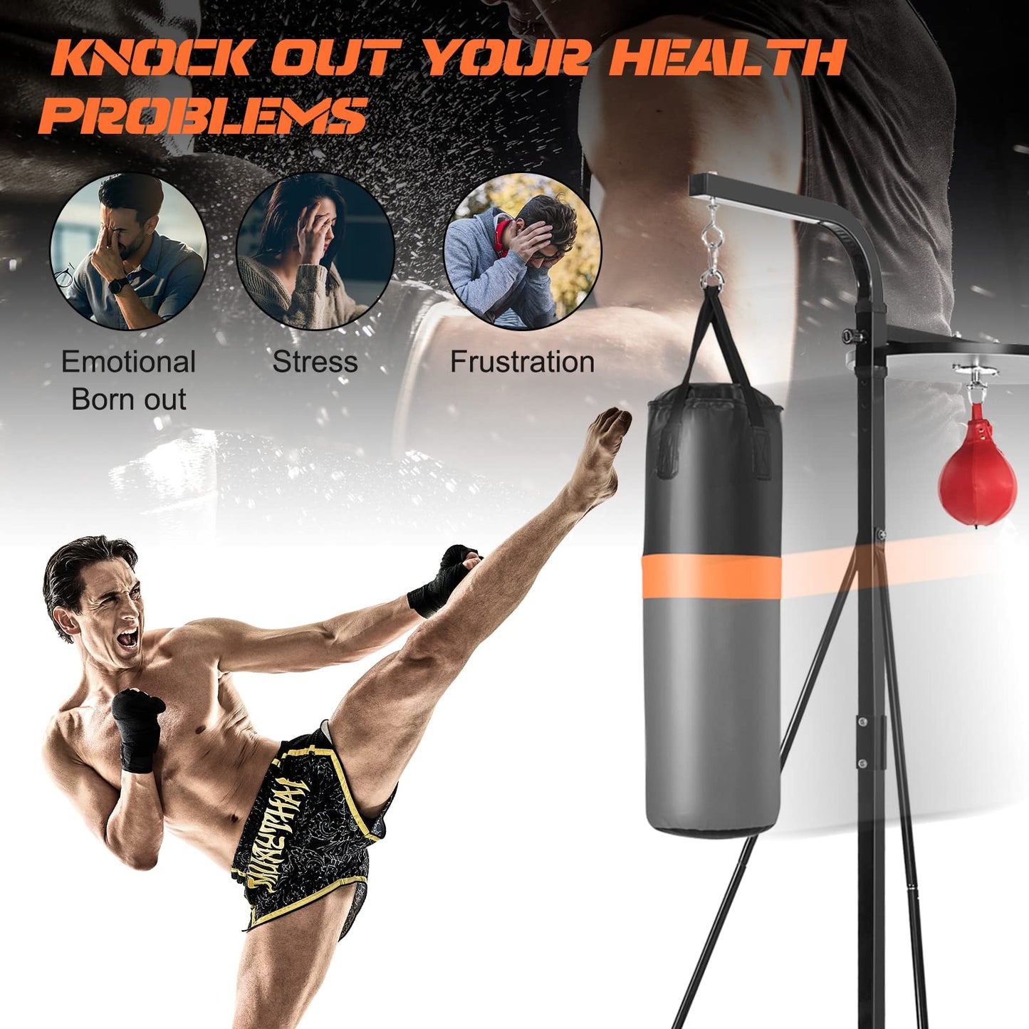 SPORFIT 2-in-1 Punching Bag Stand for Adults, Heavy Bag Stand with Height Adjustable Speed Bag, Weighted Base Hold Up to 220 LBS, Freestanding Boxing Equipment for Home Gym Fitness MMA Training